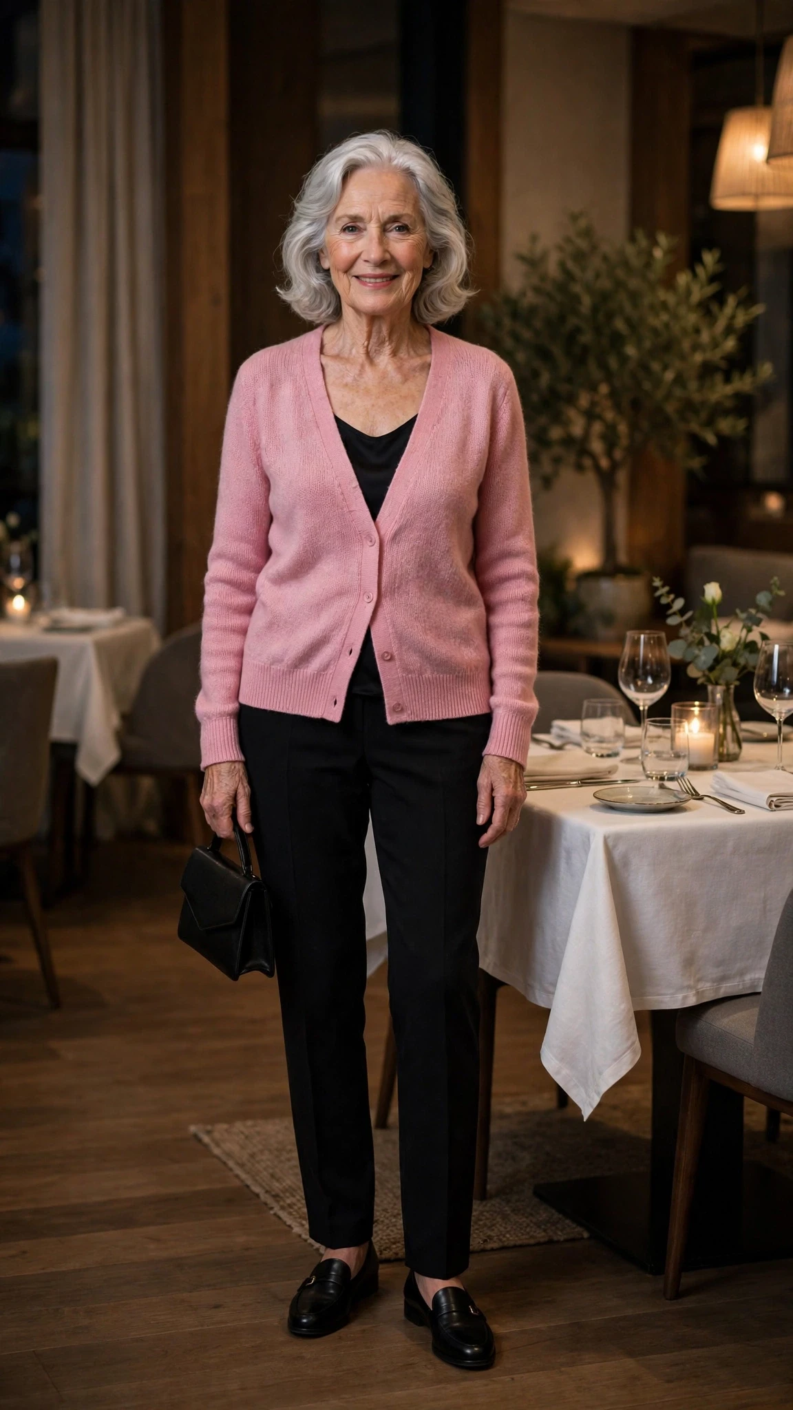 Pink Cardigan Sweater with a small black clutch
