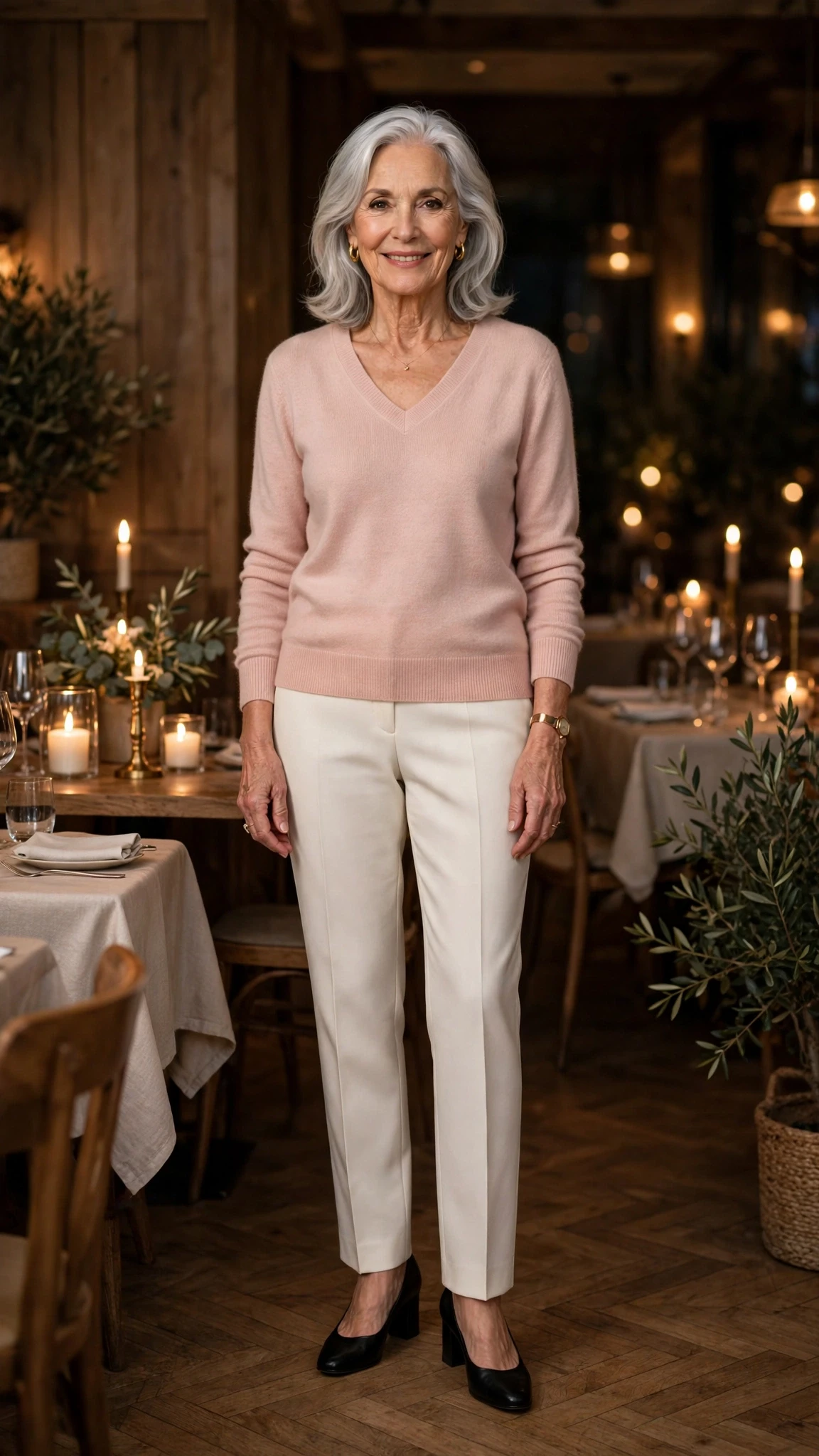 Blush Pink V-Neck Sweater with black block-heel pumps