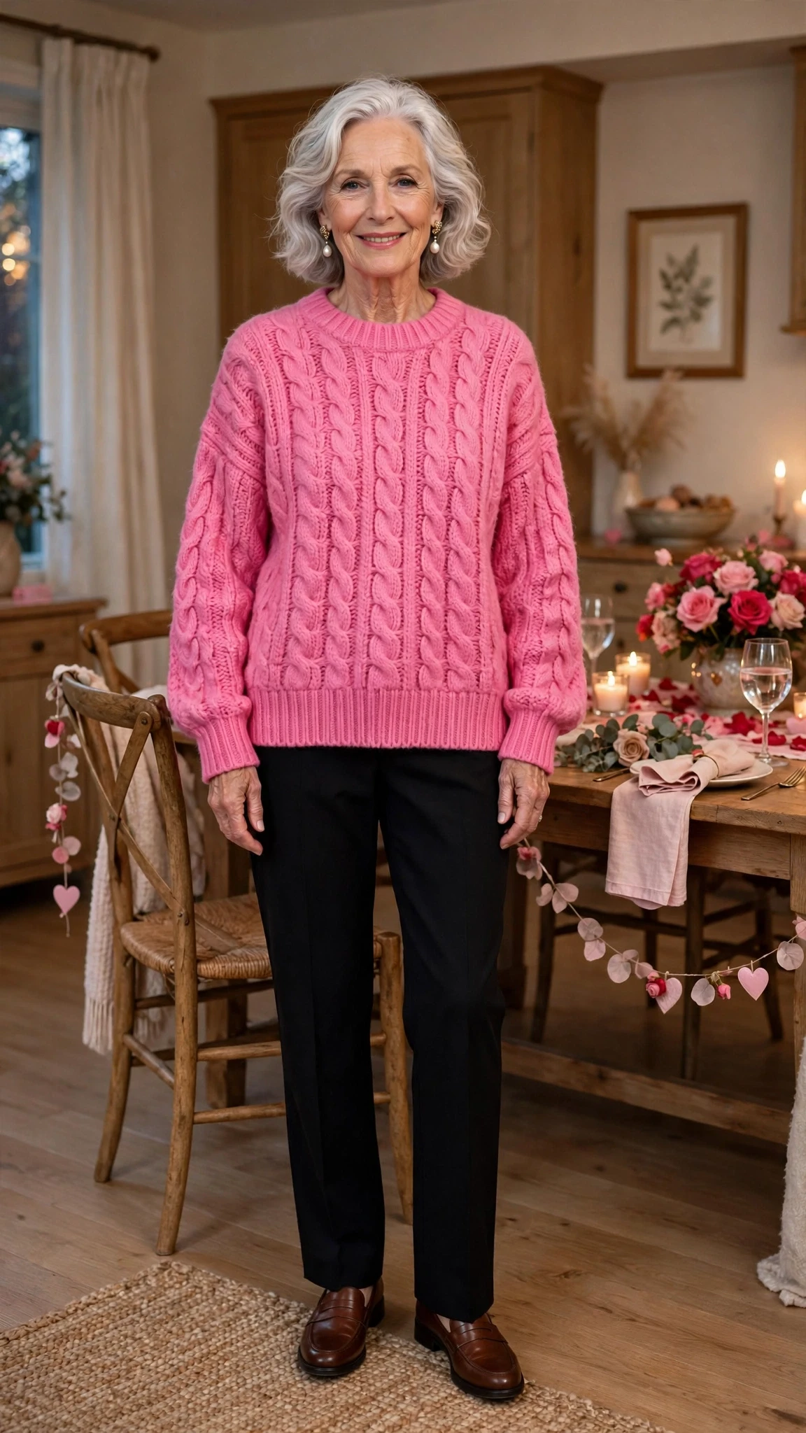 Bright Pink Oversized Sweater with pearl drop earrings