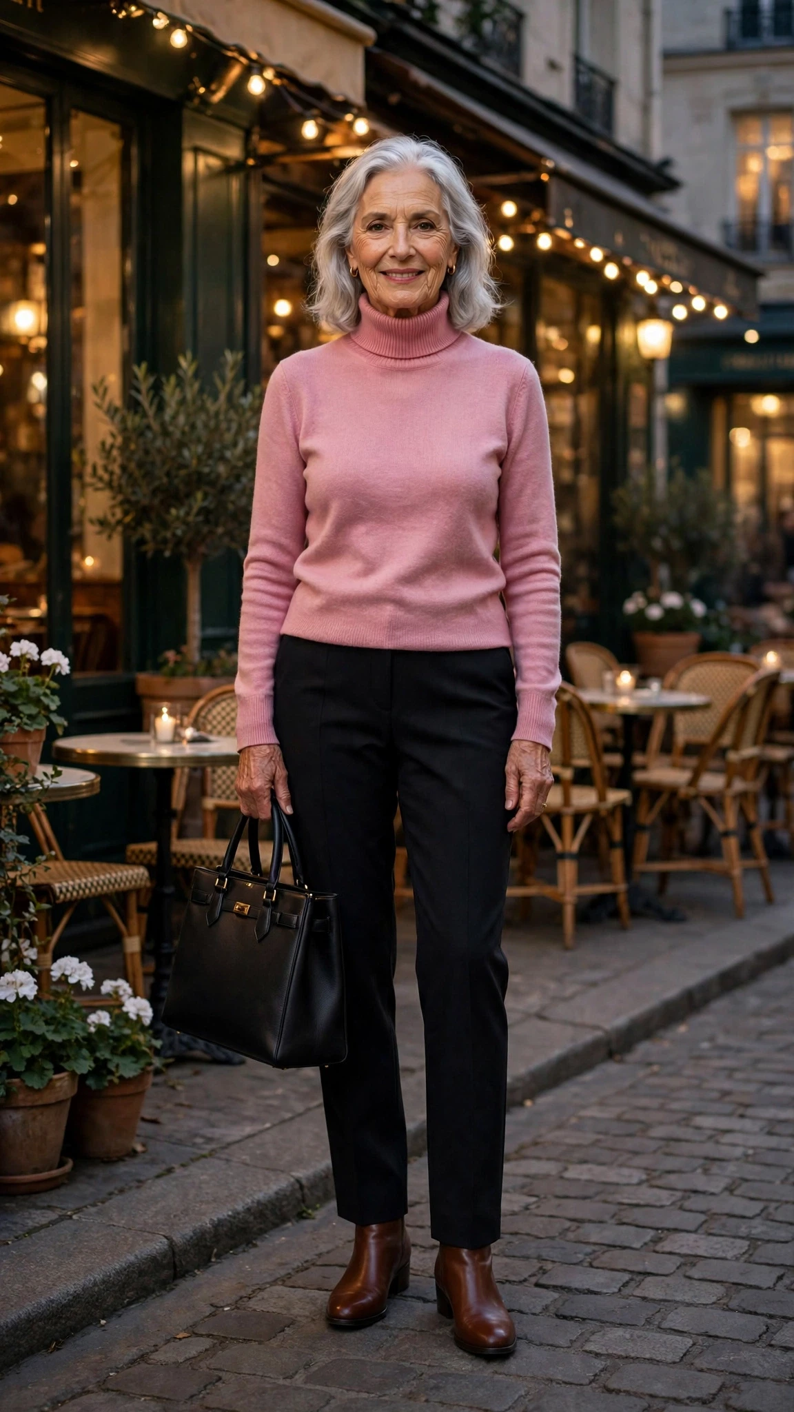 Pink Turtleneck Sweater with a structured tote