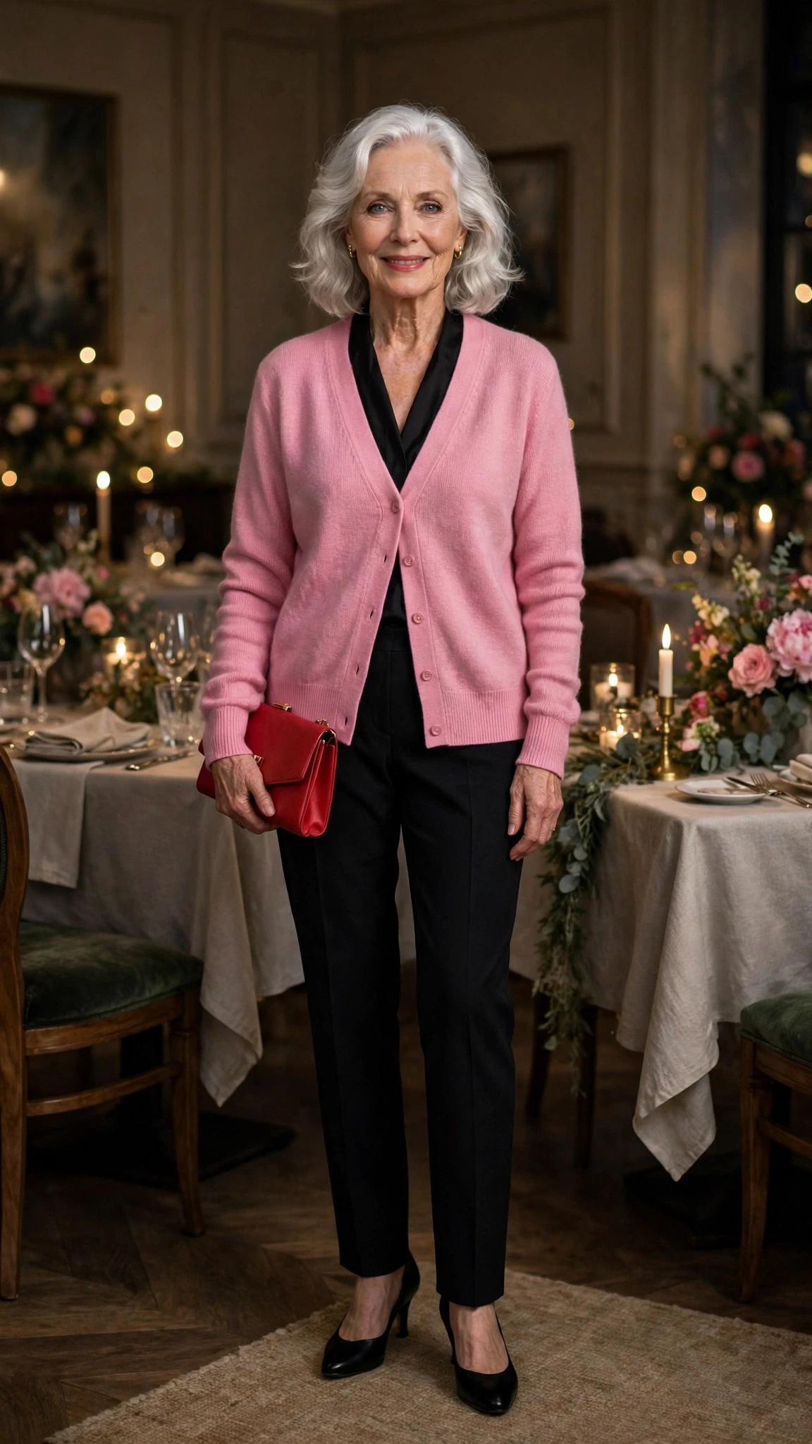 Pink Cardigan Sweater with a red clutch