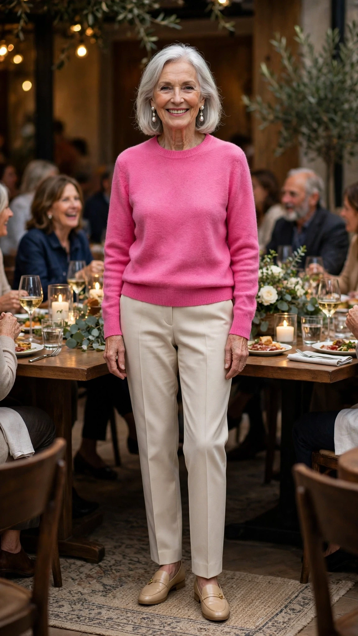 Bright Pink Crew-Neck Sweater with pearl drop earrings