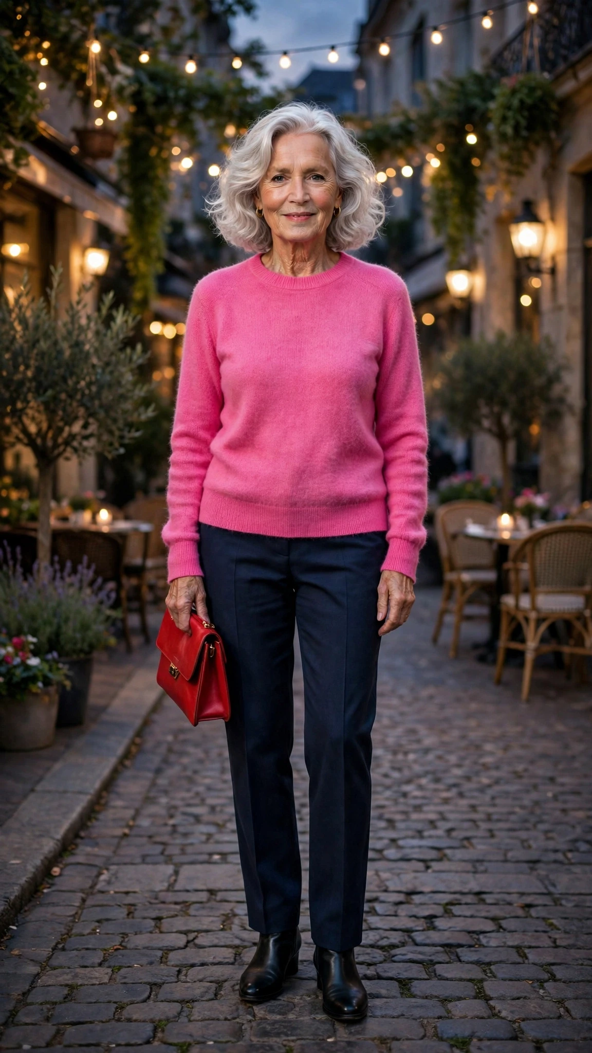Bright Pink Crew-Neck Sweater with a red clutch