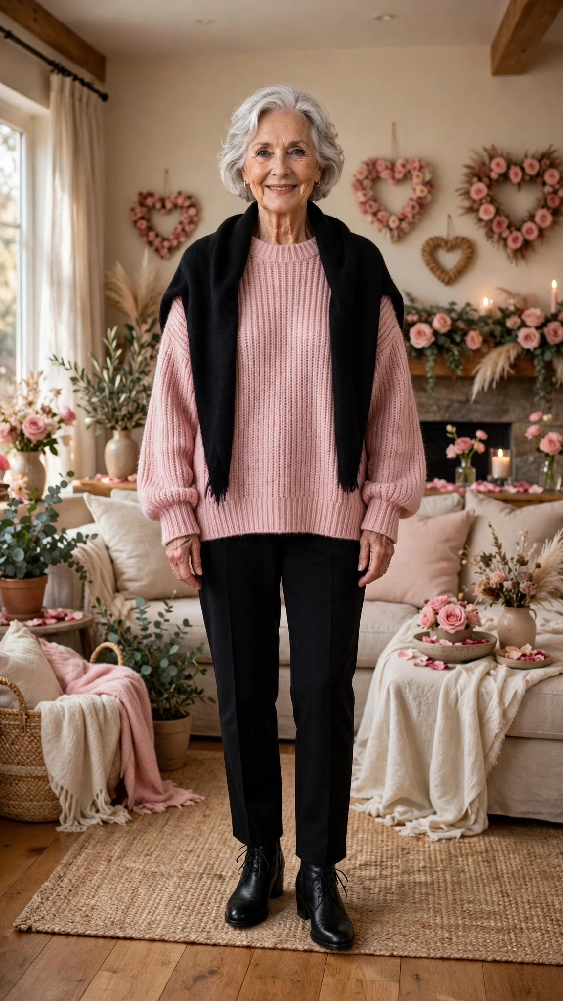 Pink Oversized Sweater with a soft black shawl
