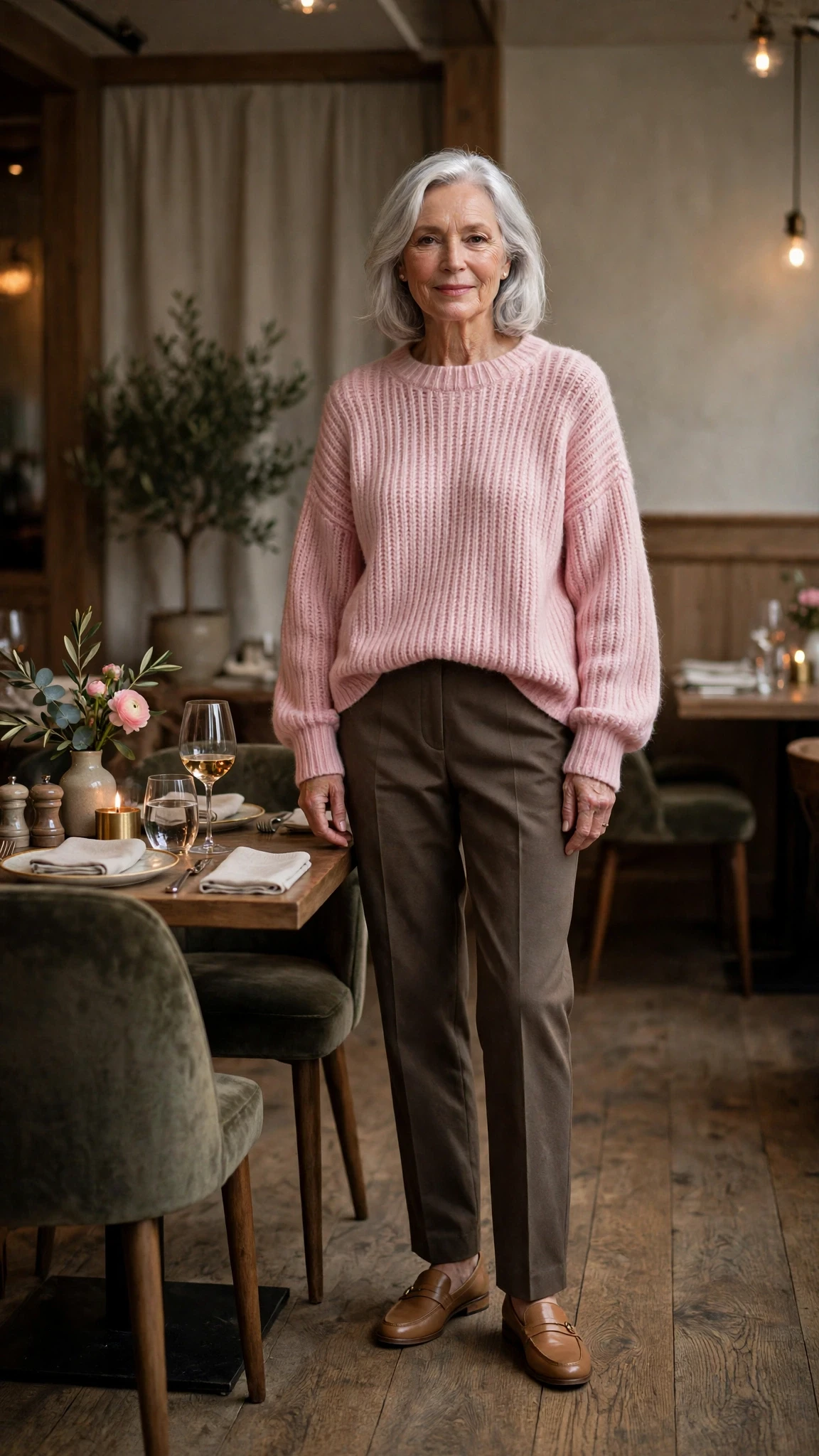 Soft Pink Oversized Sweater with tan leather loafers