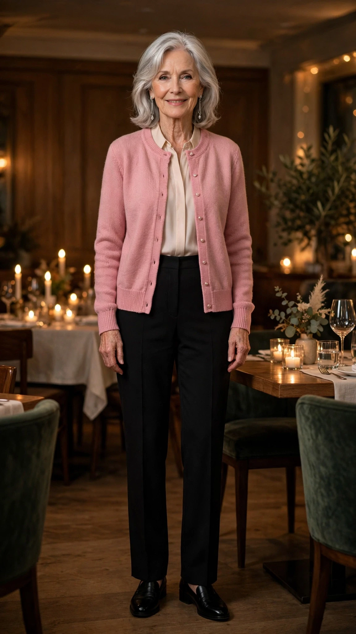 Pink Cardigan Sweater with silver drop earrings