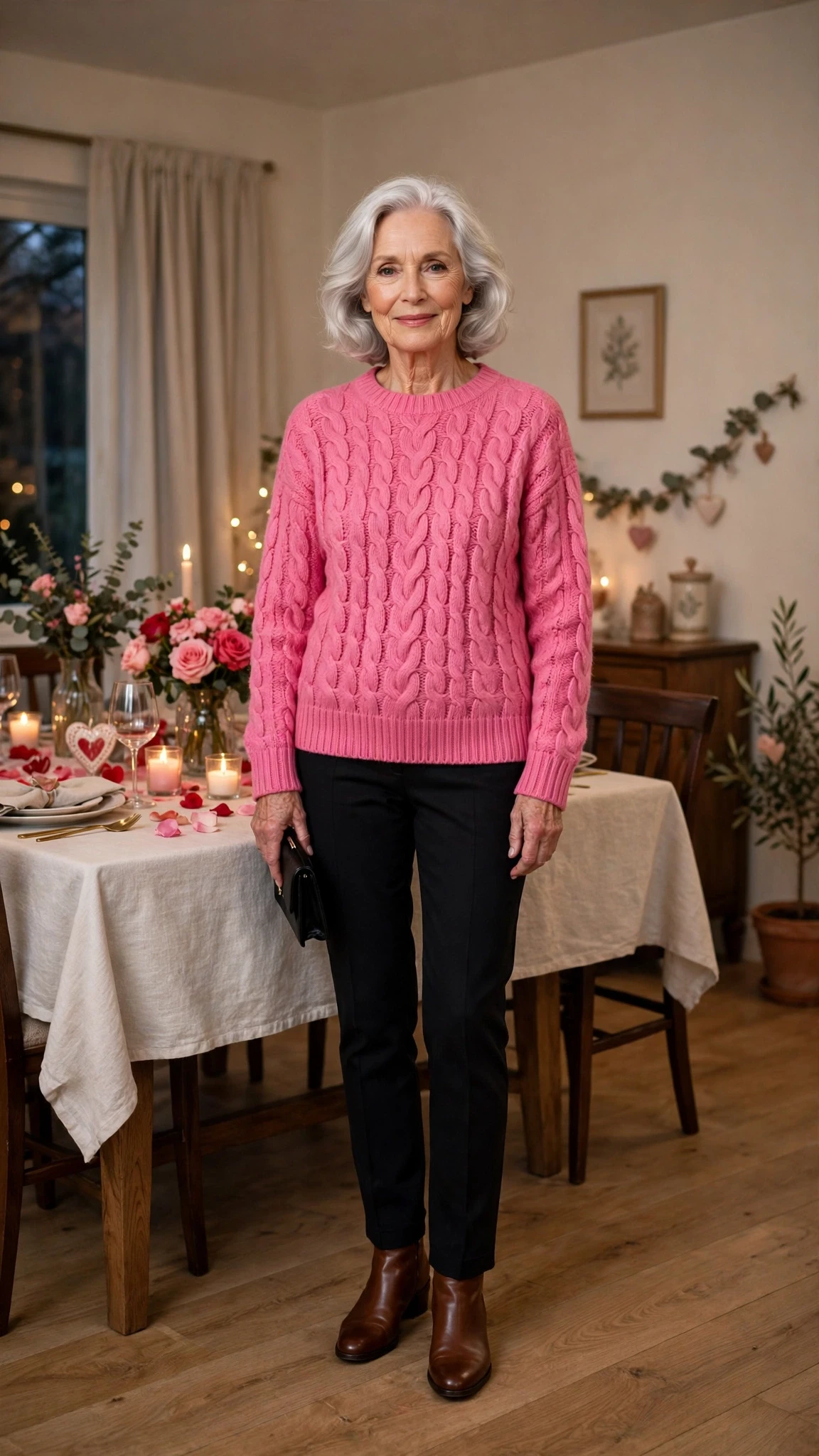Bright Pink Cable-Knit Sweater with a small black clutch
