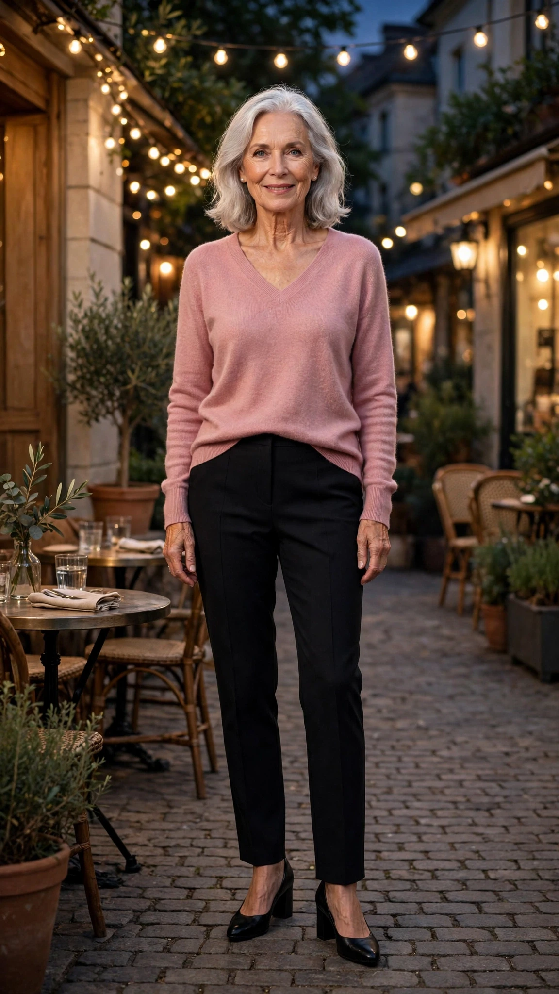 Dusty Pink V-Neck Sweater with black block-heel pumps