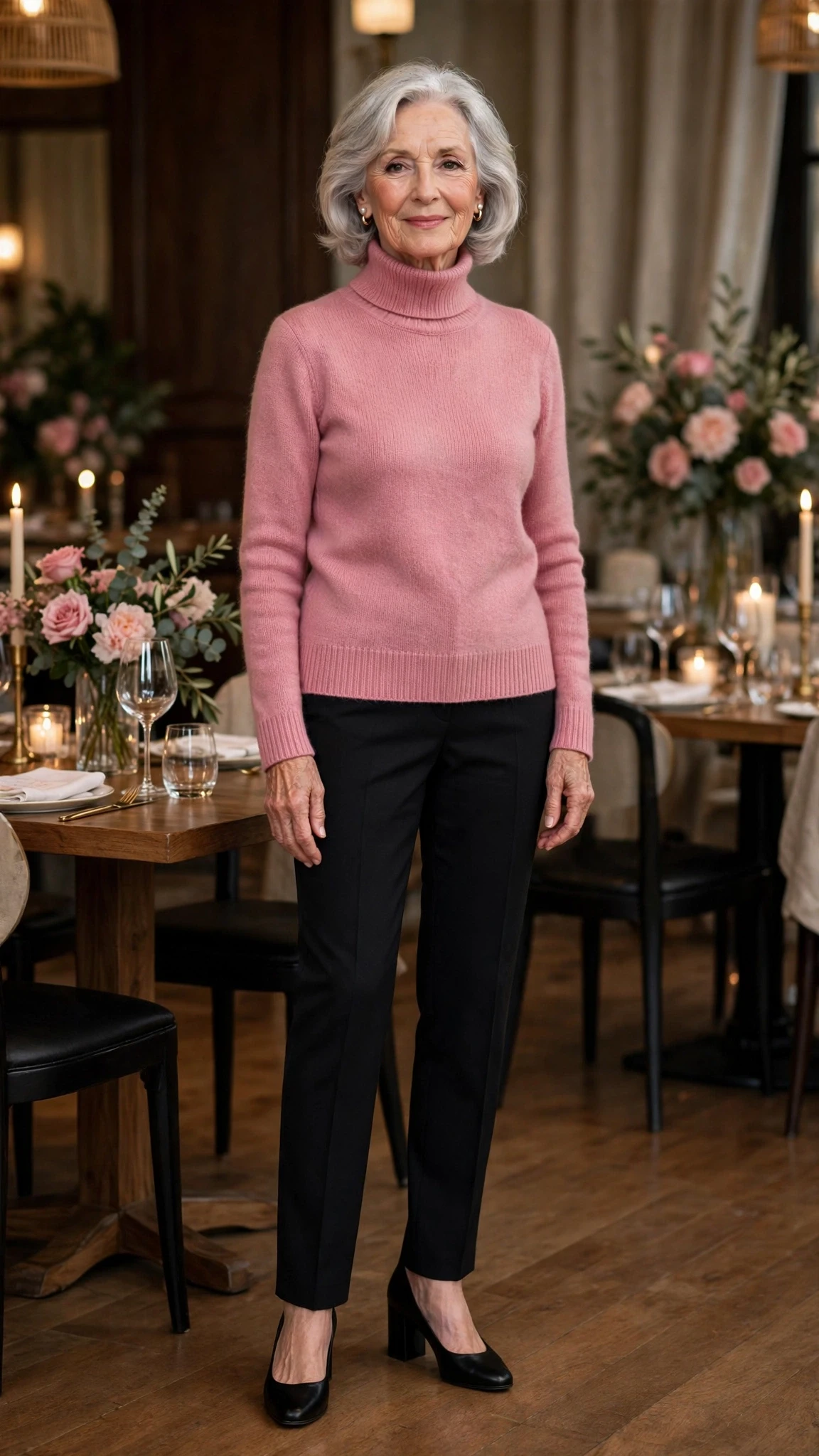Rose Pink Turtleneck Sweater with black block-heel pumps