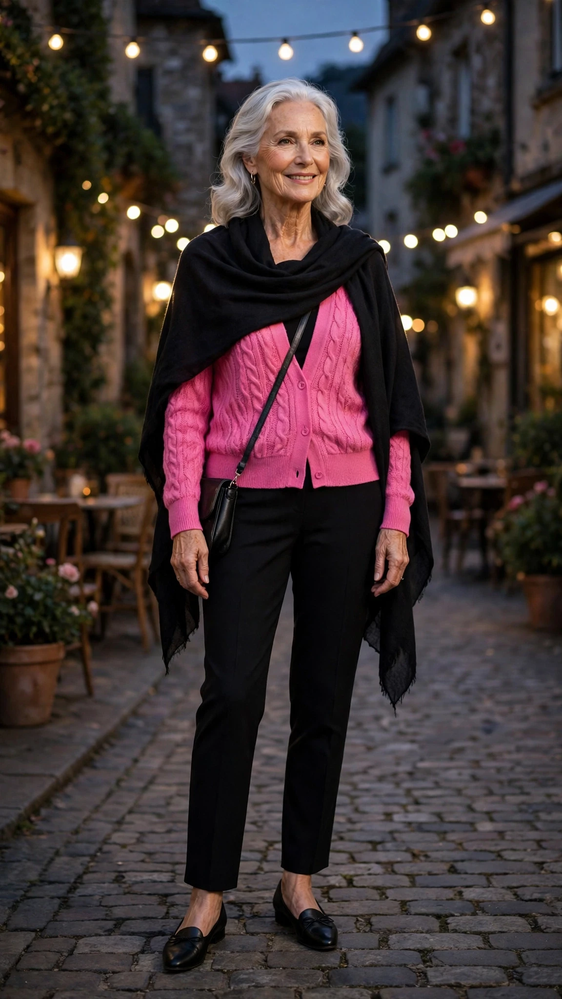 Bright Pink Cardigan Sweater with a soft black shawl