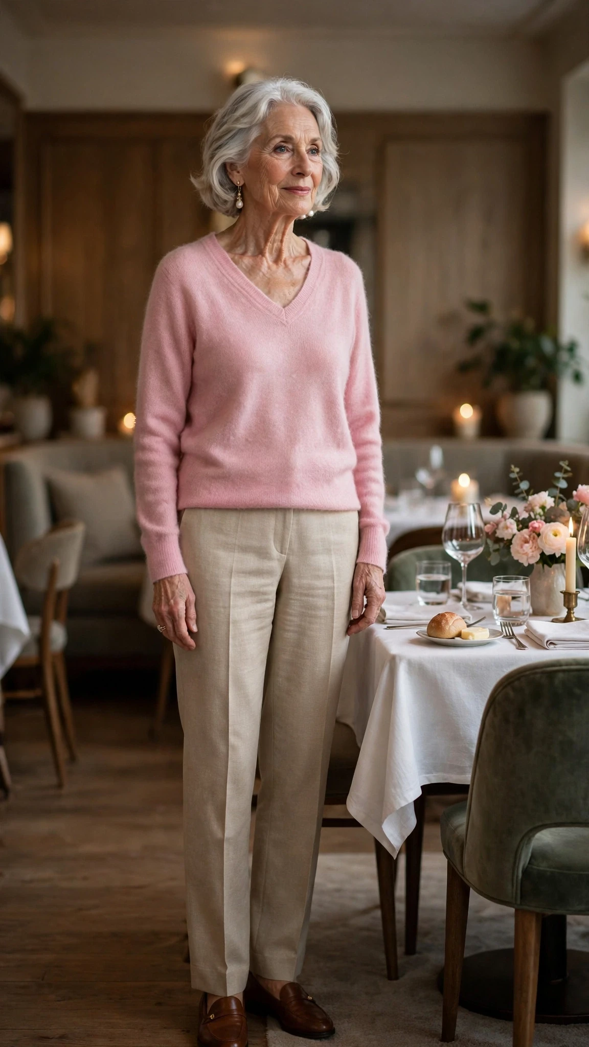 Soft Pink V-Neck Sweater with pearl drop earrings