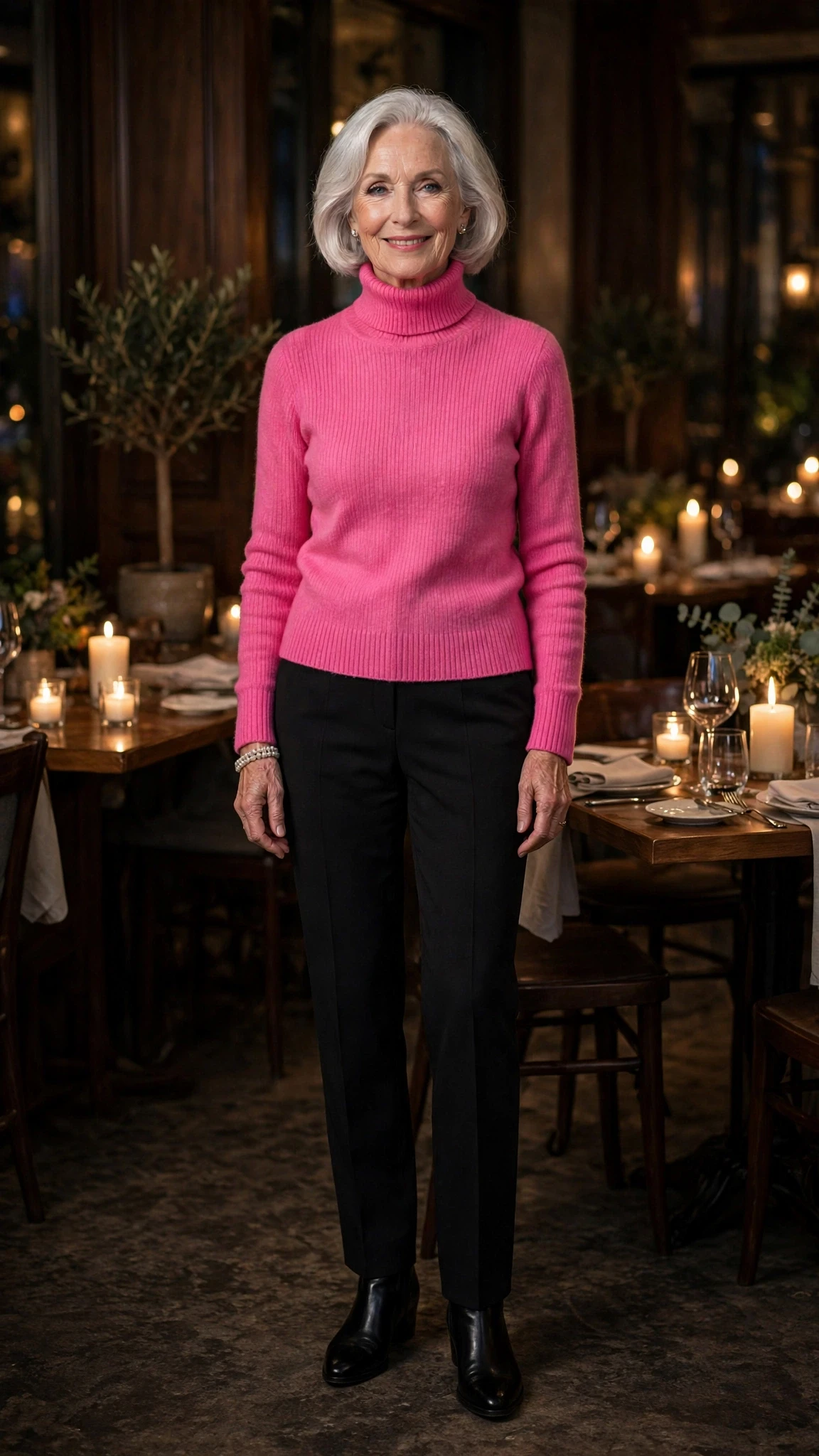Bright Pink Turtleneck Sweater with a pearl bracelet