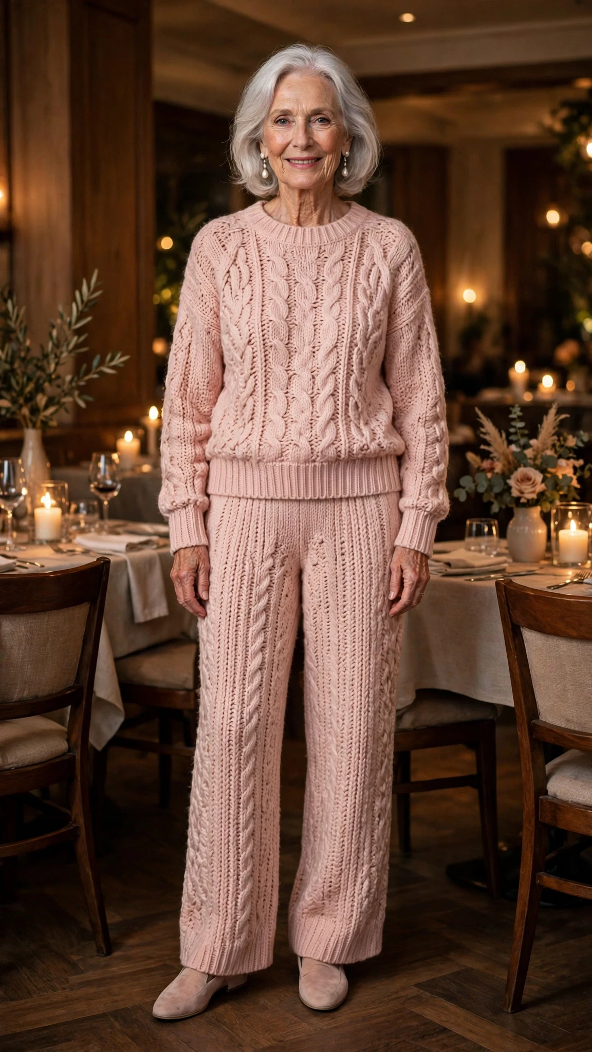 Blush Pink Chunky Knit Sweater Outfit with pearl drop earrings