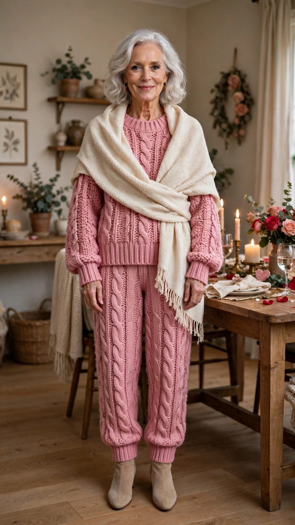 Rose Pink Chunky Knit Sweater Outfit with a cream wrap