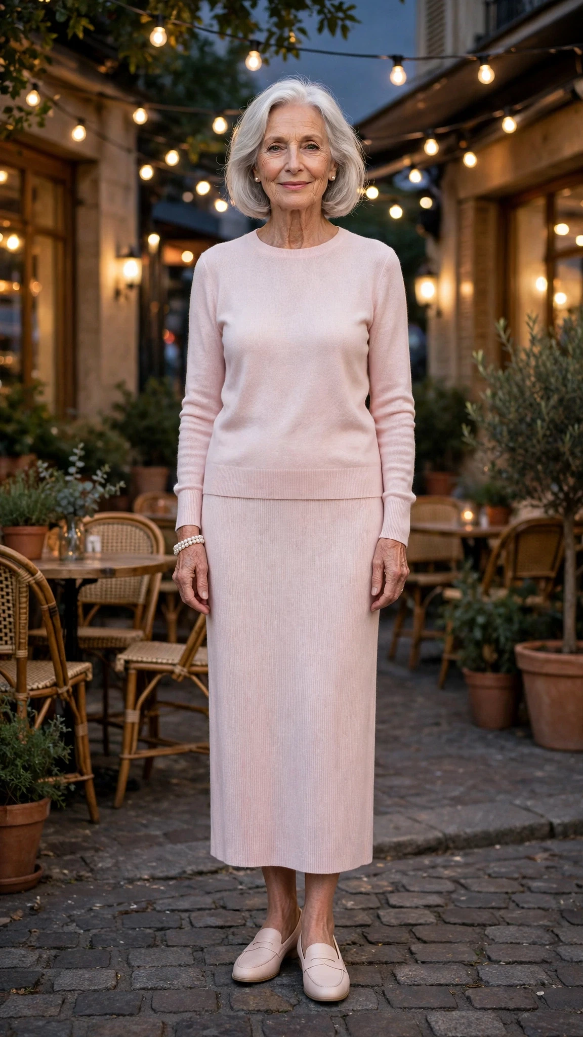 Pale Pink Fine Knit Top and Skirt with a pearl bracelet