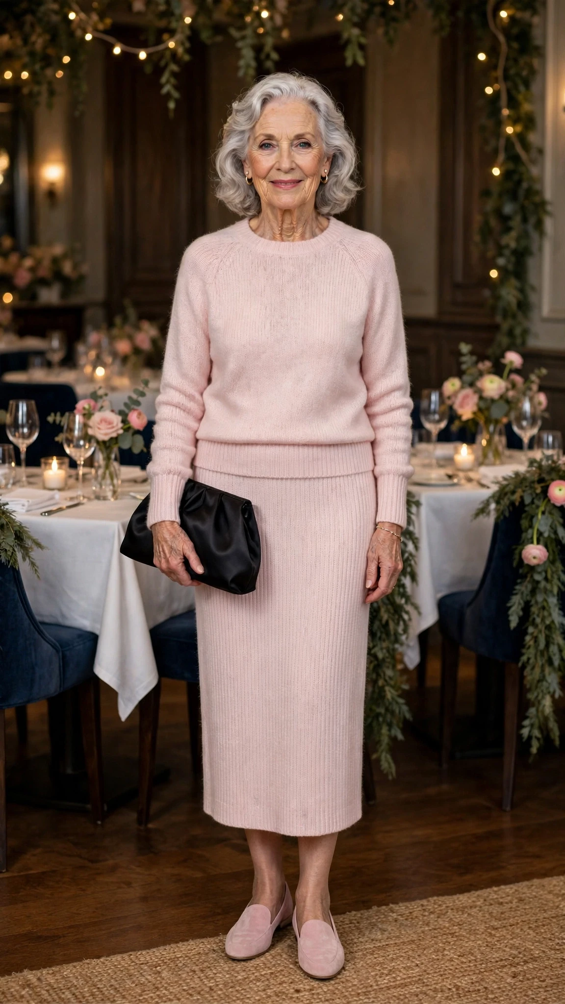 Pale Pink Knit Midi Skirt Outfit with a black satin clutch