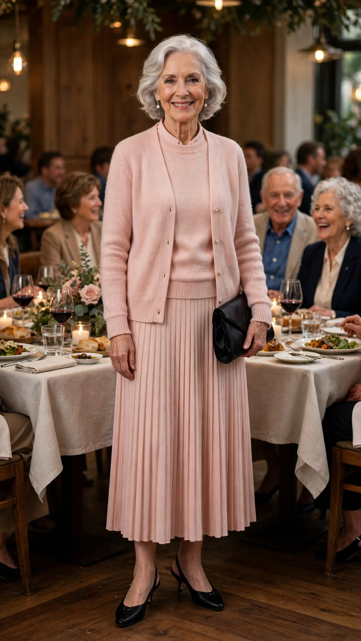 Blush Pink Knit Twinset with a black satin clutch