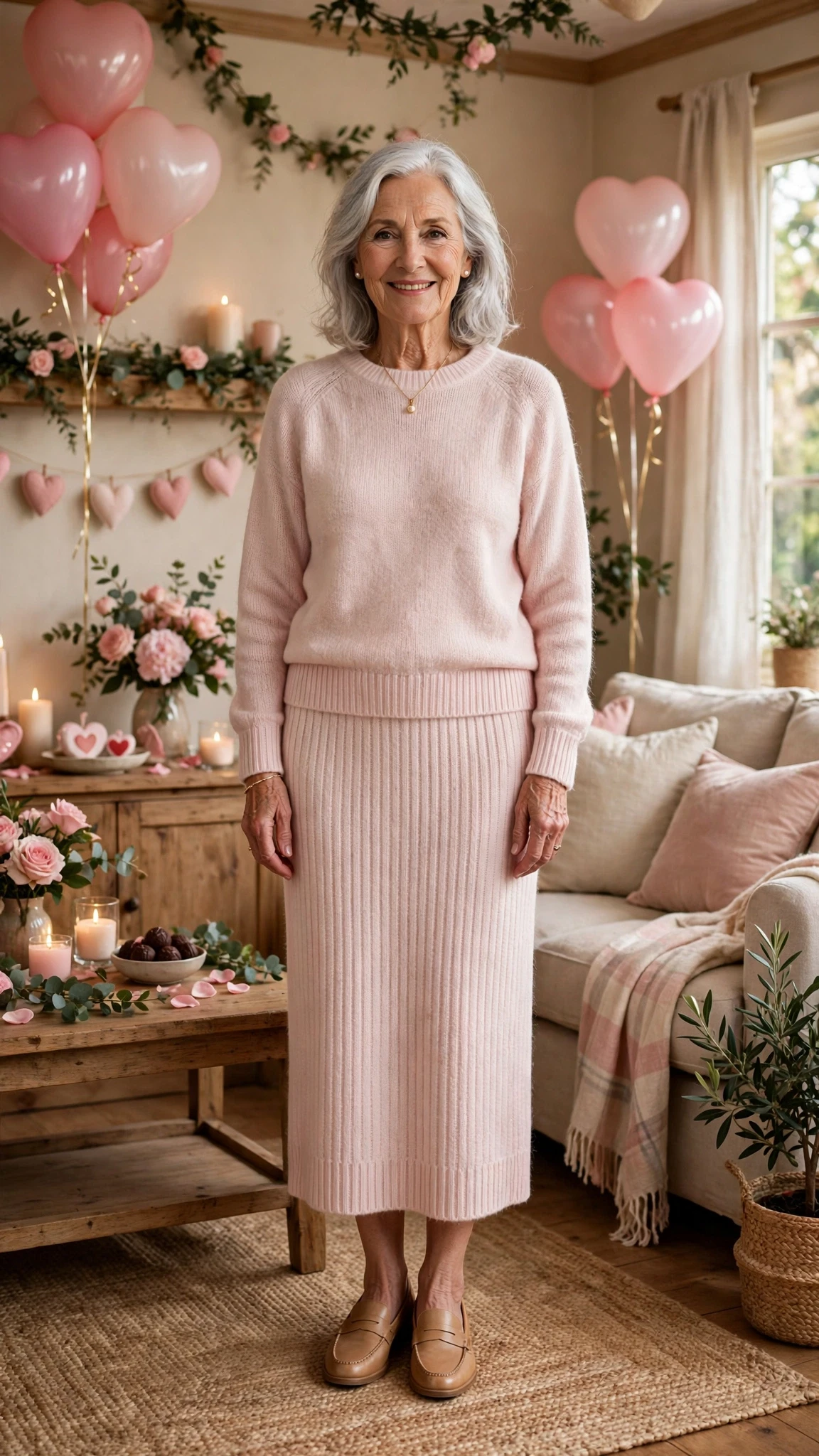 Pale Pink Knit Midi Skirt Outfit with tan leather loafers