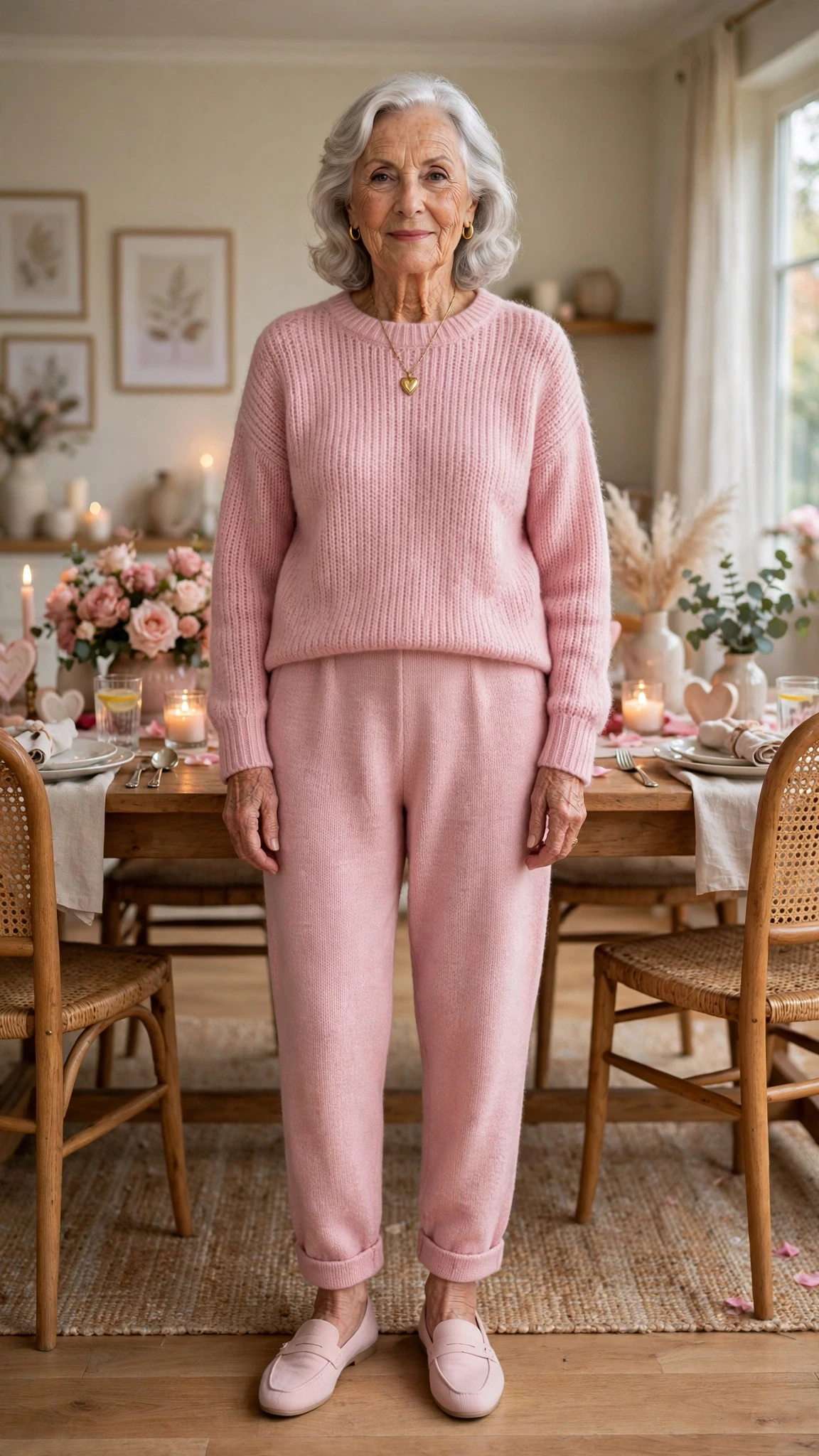 Soft Pink Knit Sweater and Trousers with a gold pendant necklace