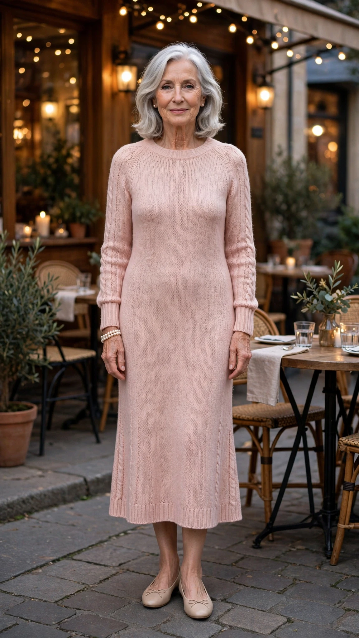 Blush Pink Knit Dress with a pearl bracelet