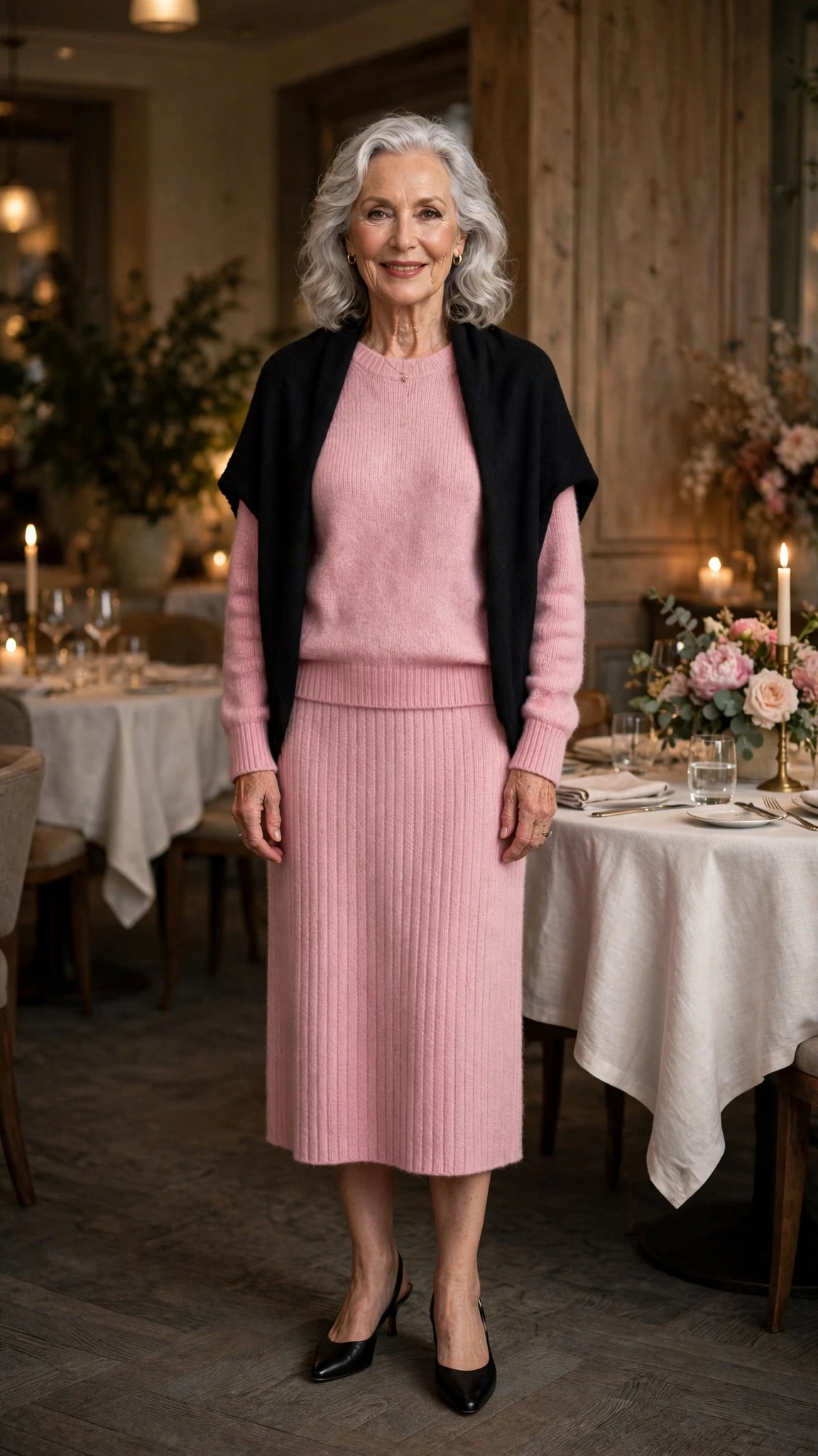 Soft Pink Knit Midi Skirt Outfit with a soft black shawl