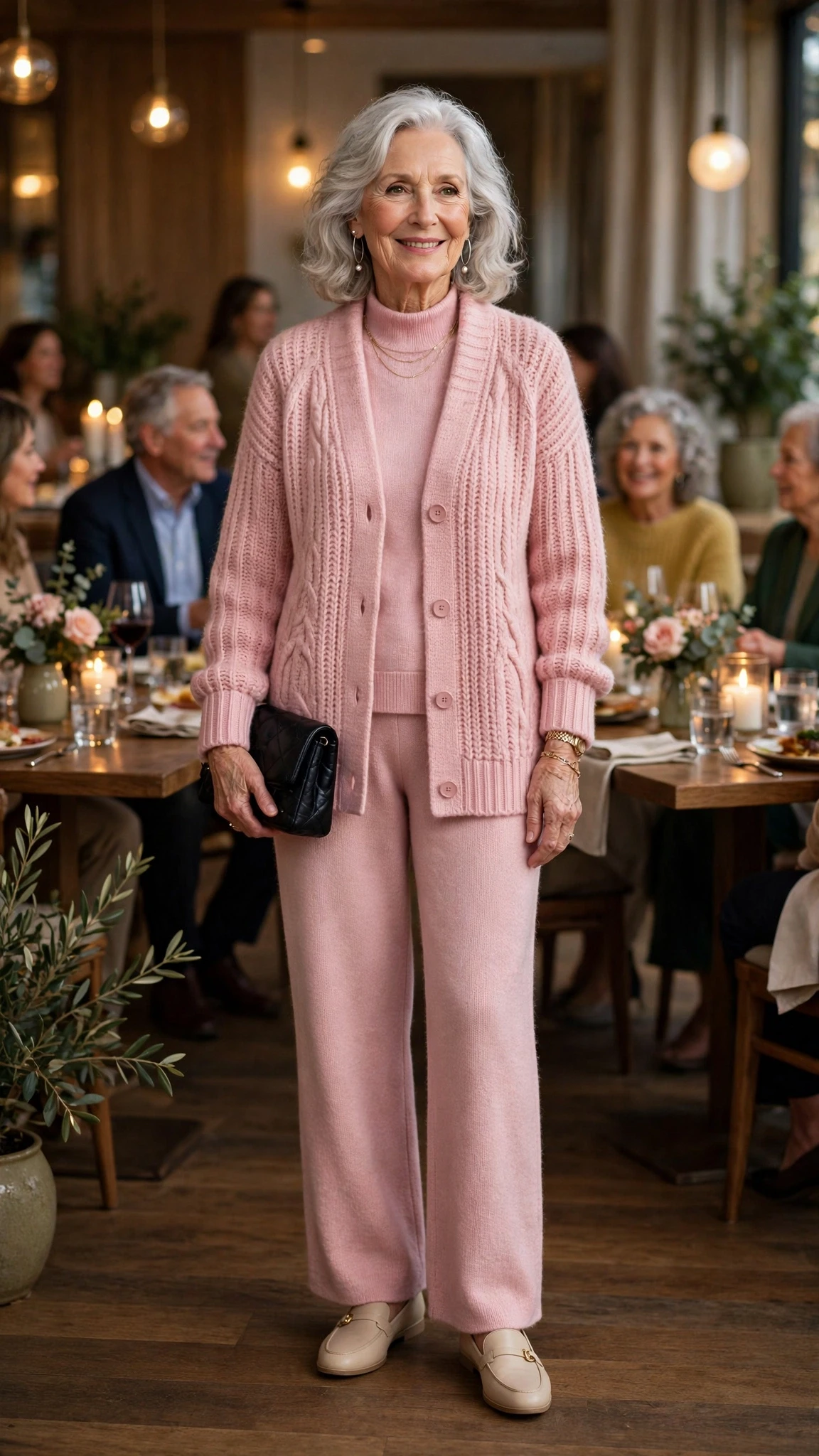 Soft Pink Knit Coat Outfit with a small black clutch