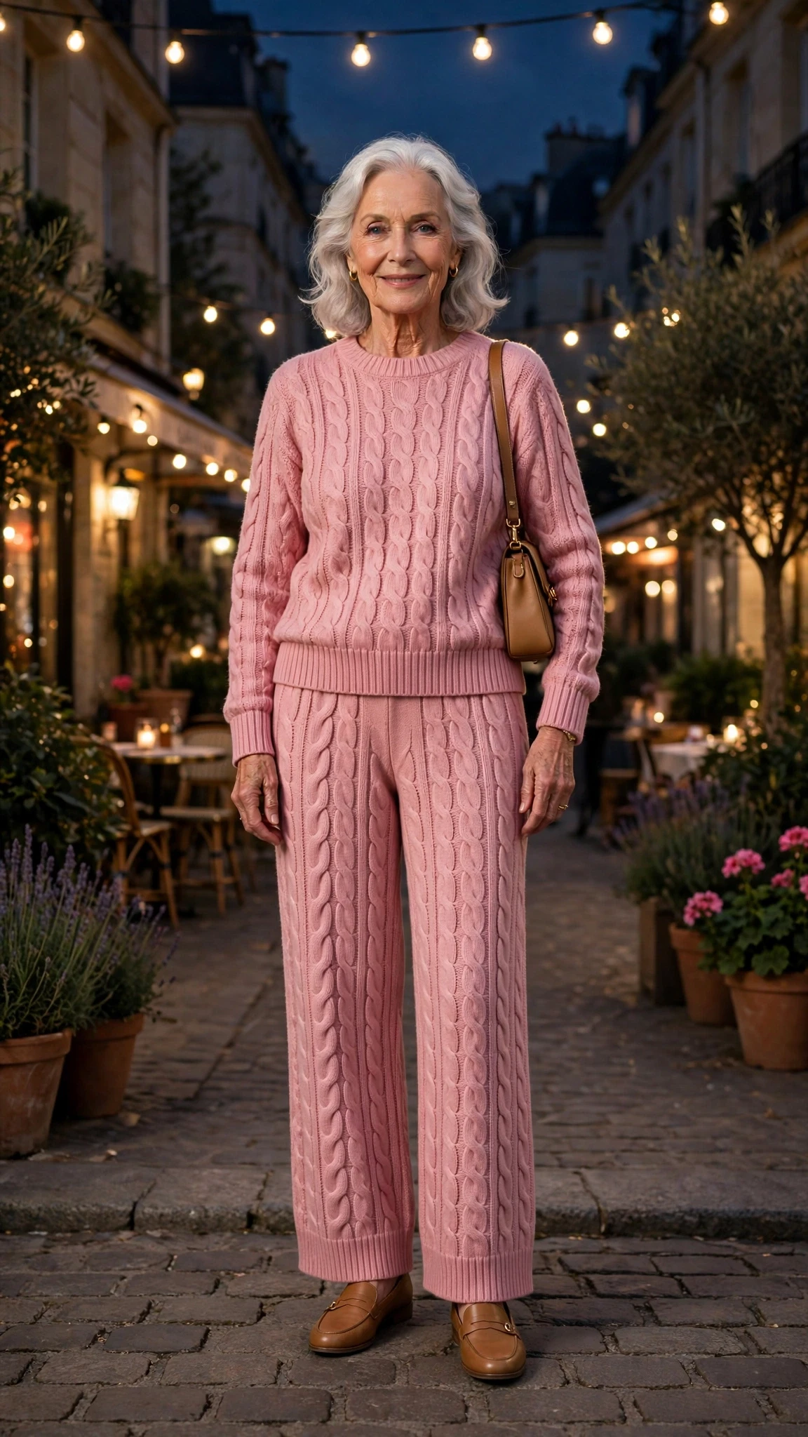 Rose Pink Cable-Knit Sweater Outfit with tan leather loafers