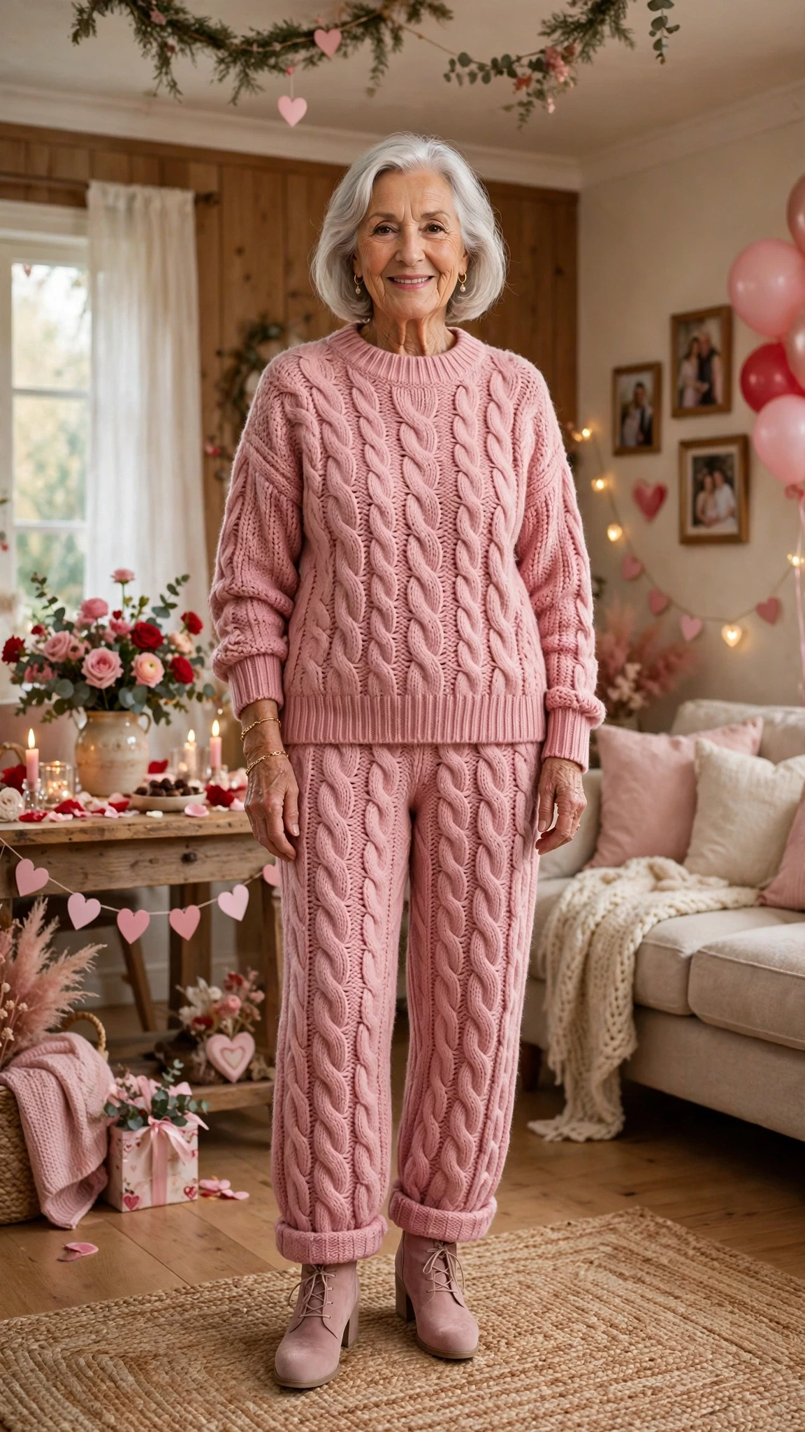 Rose Pink Chunky Knit Sweater Outfit with a delicate gold bracelet