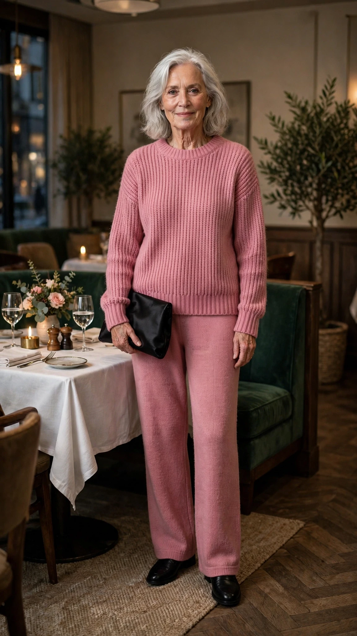 Rose Pink Knit Sweater and Trousers with a black satin clutch