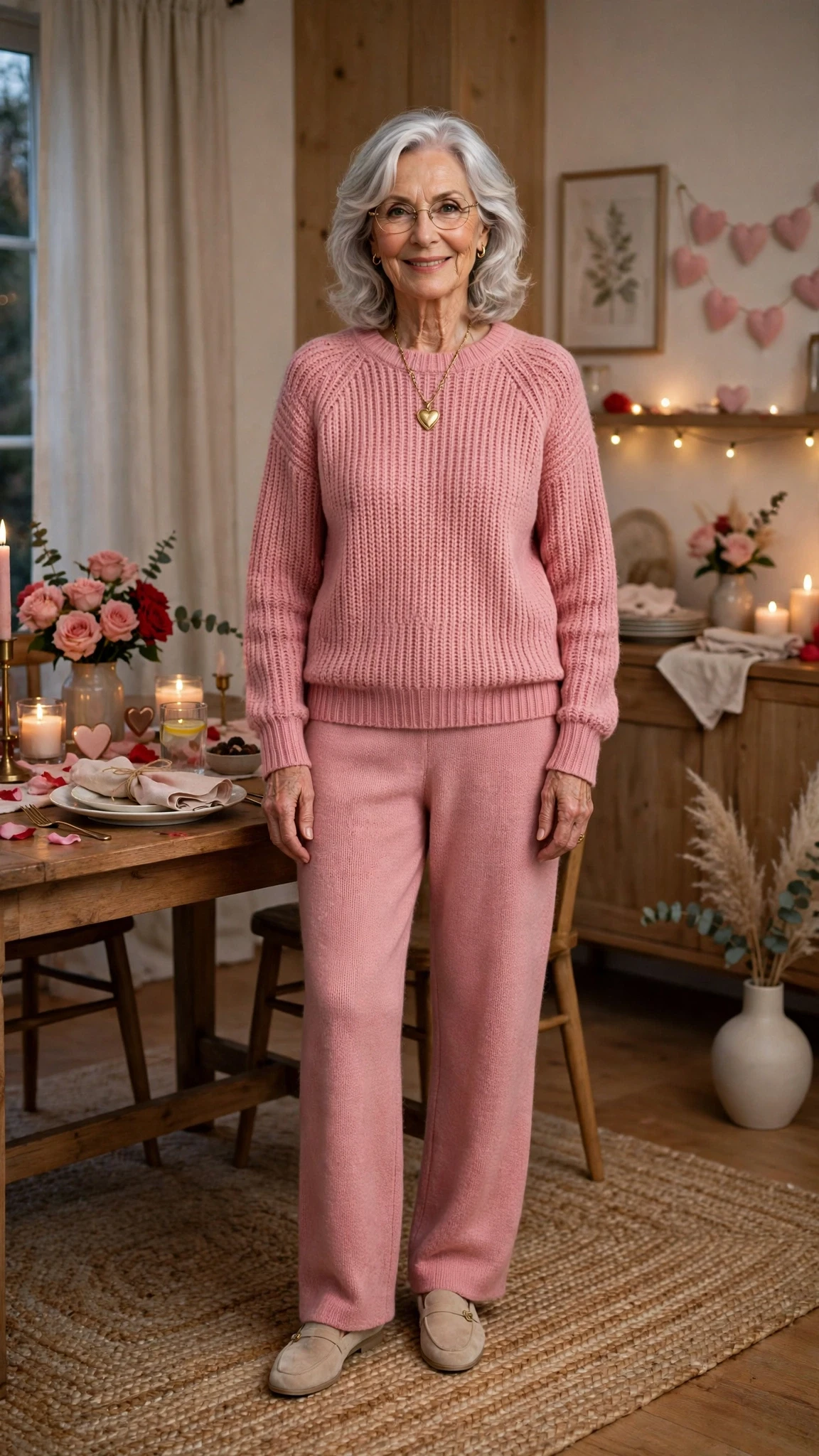 Rose Pink Knit Sweater and Trousers with a gold pendant necklace
