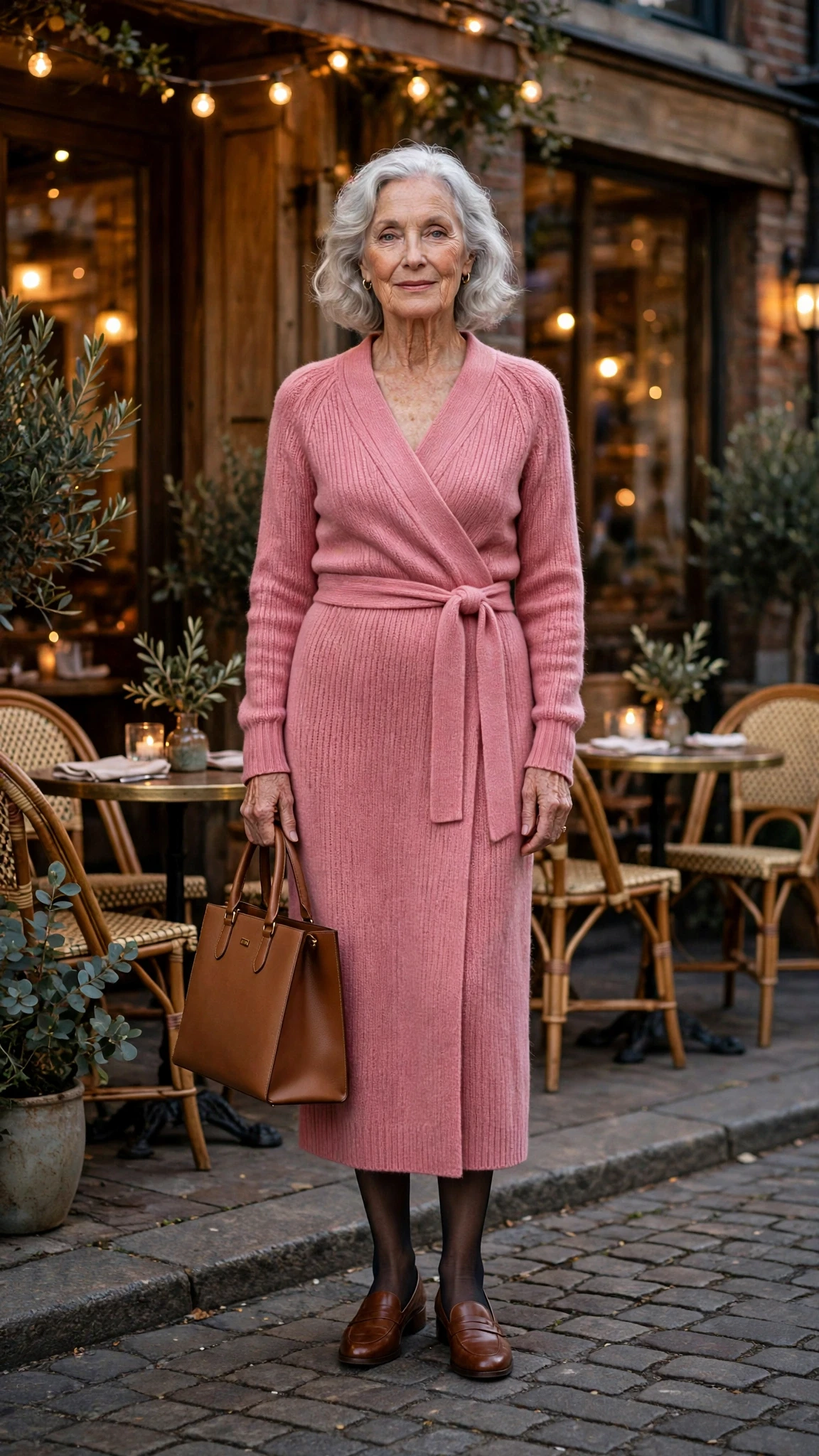 Rose Pink Knit Wrap Dress with a structured tote