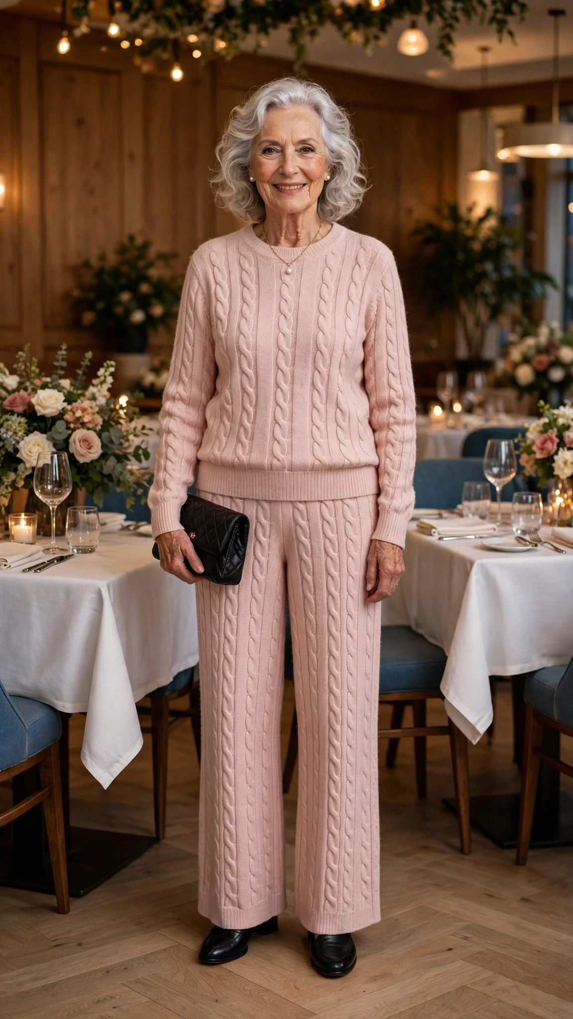 Blush Pink Cable-Knit Sweater Outfit with a small black clutch