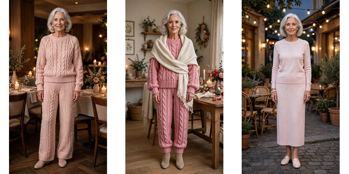 20 Women Over 70 Soft Pink Knit Outfits for February Outings That Are Chic, Romantic and Elegant