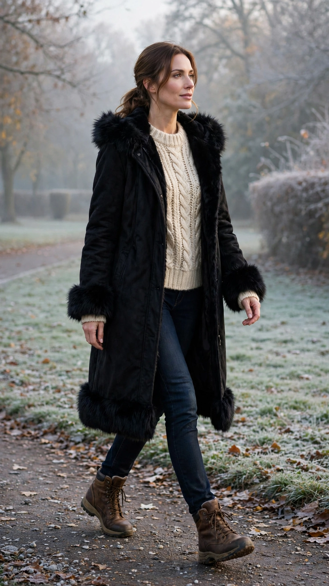 Woman wearing a black faux fur trimmed coat, chunky knit, dark jeans and walking boots for a cold morning walk