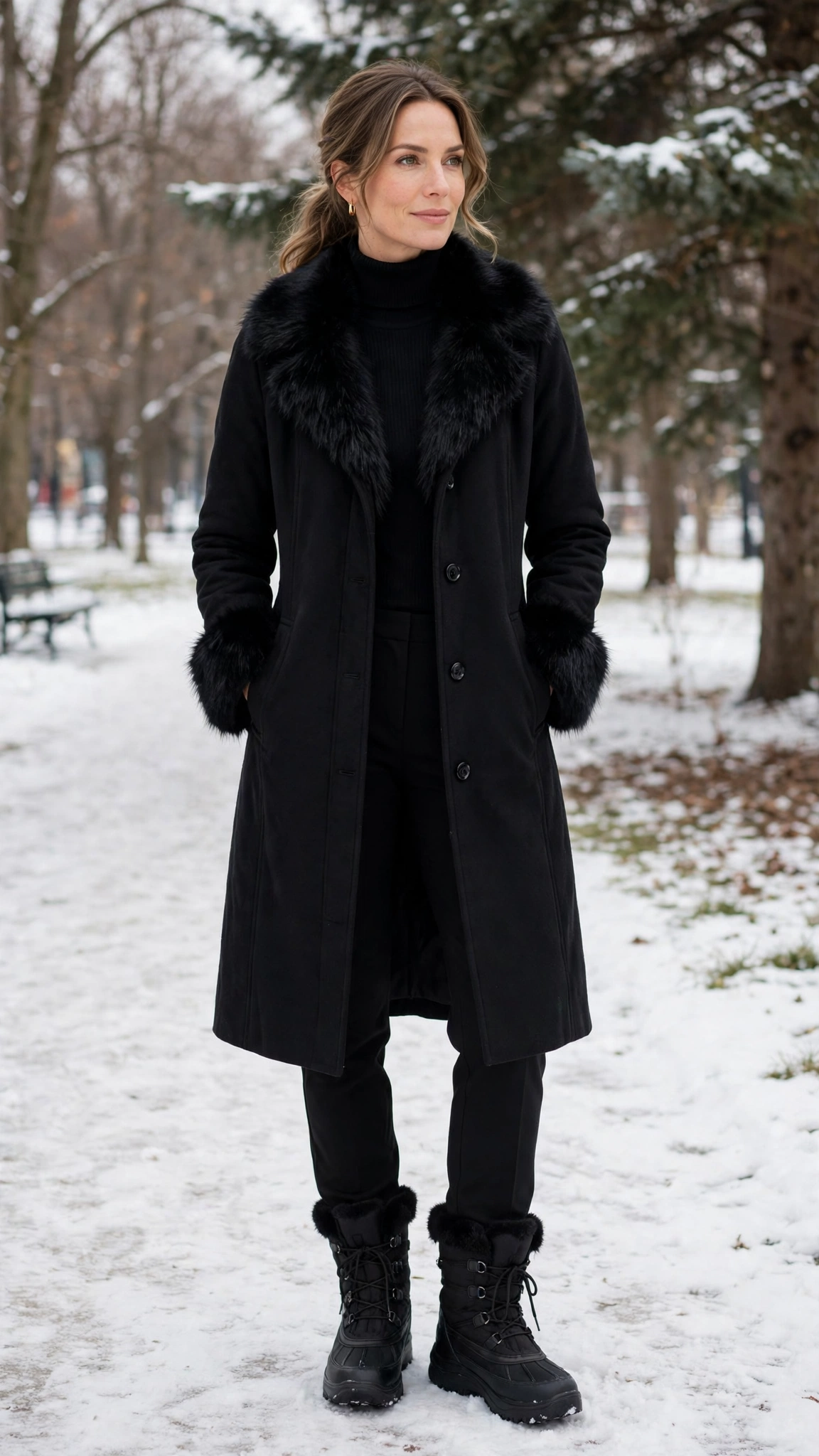 a woman wearing a black faux fur trimmed coat, a turtleneck, black trousers, and snow boots, for a winter park walk