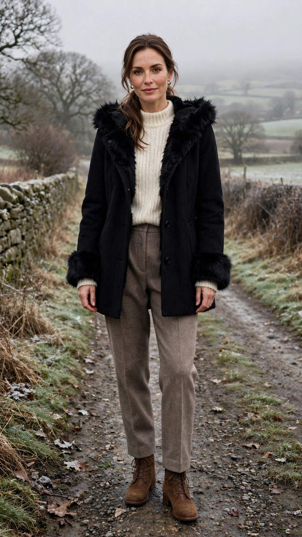 a woman wearing a black faux fur trimmed coat, a wool sweater, wool trousers, and ankle boots, for a cold countryside walk