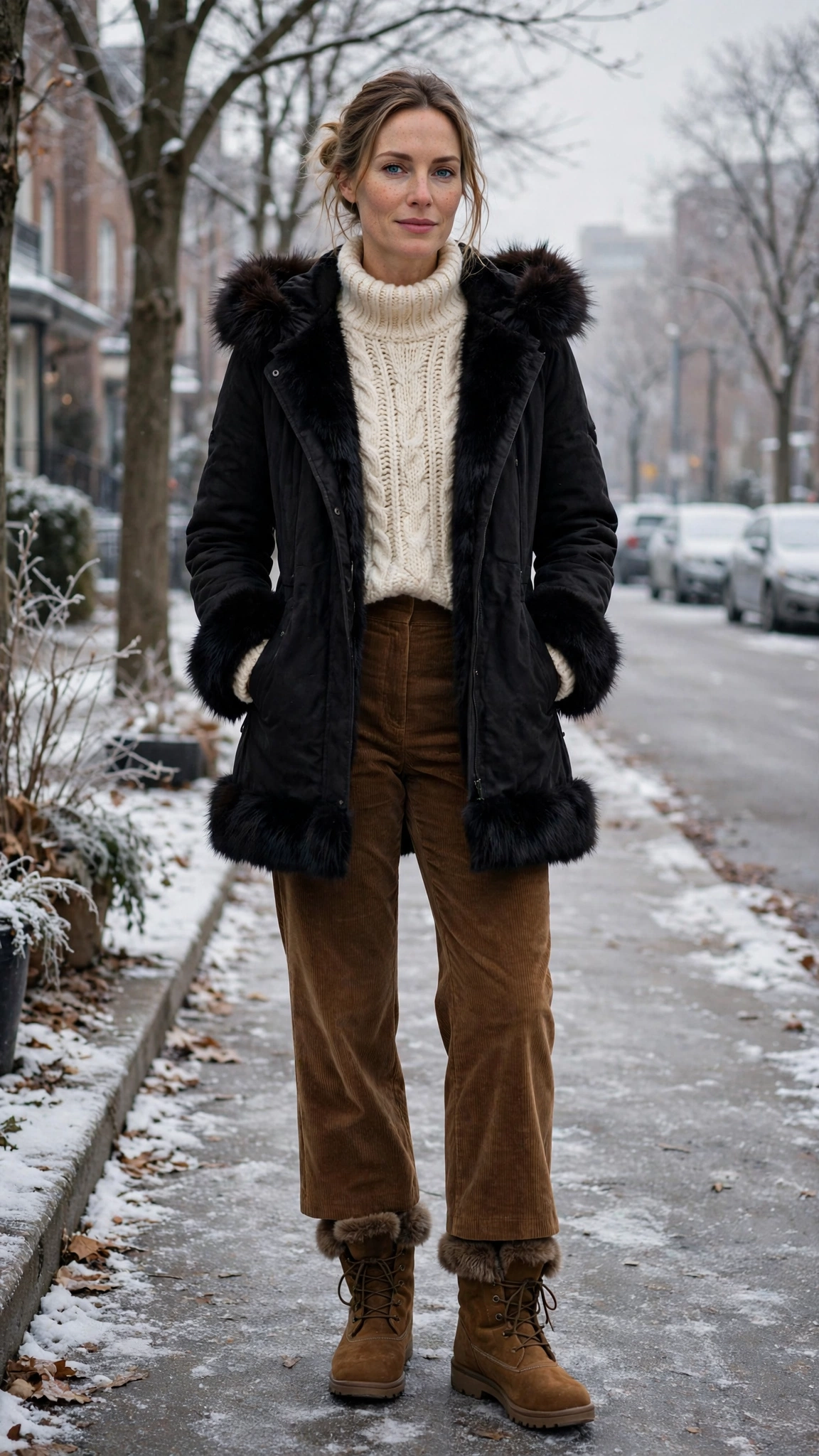 a woman wearing a black faux fur trimmed coat, a chunky knit, corduroy trousers, and warm boots, for a brisk winter walk
