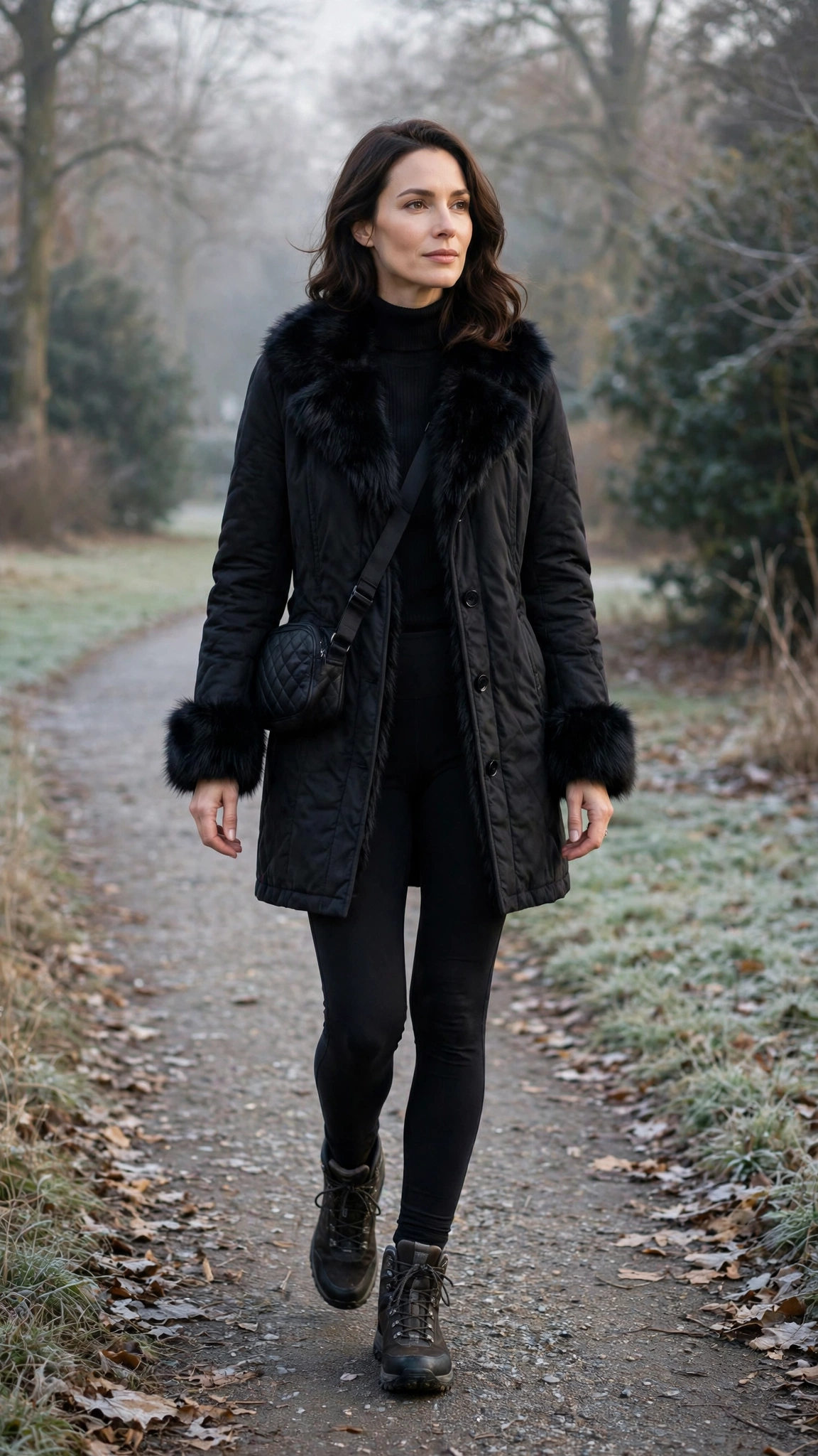 a woman wearing a black faux fur trimmed coat, a turtleneck, leggings, and walking boots, for a cold morning walk