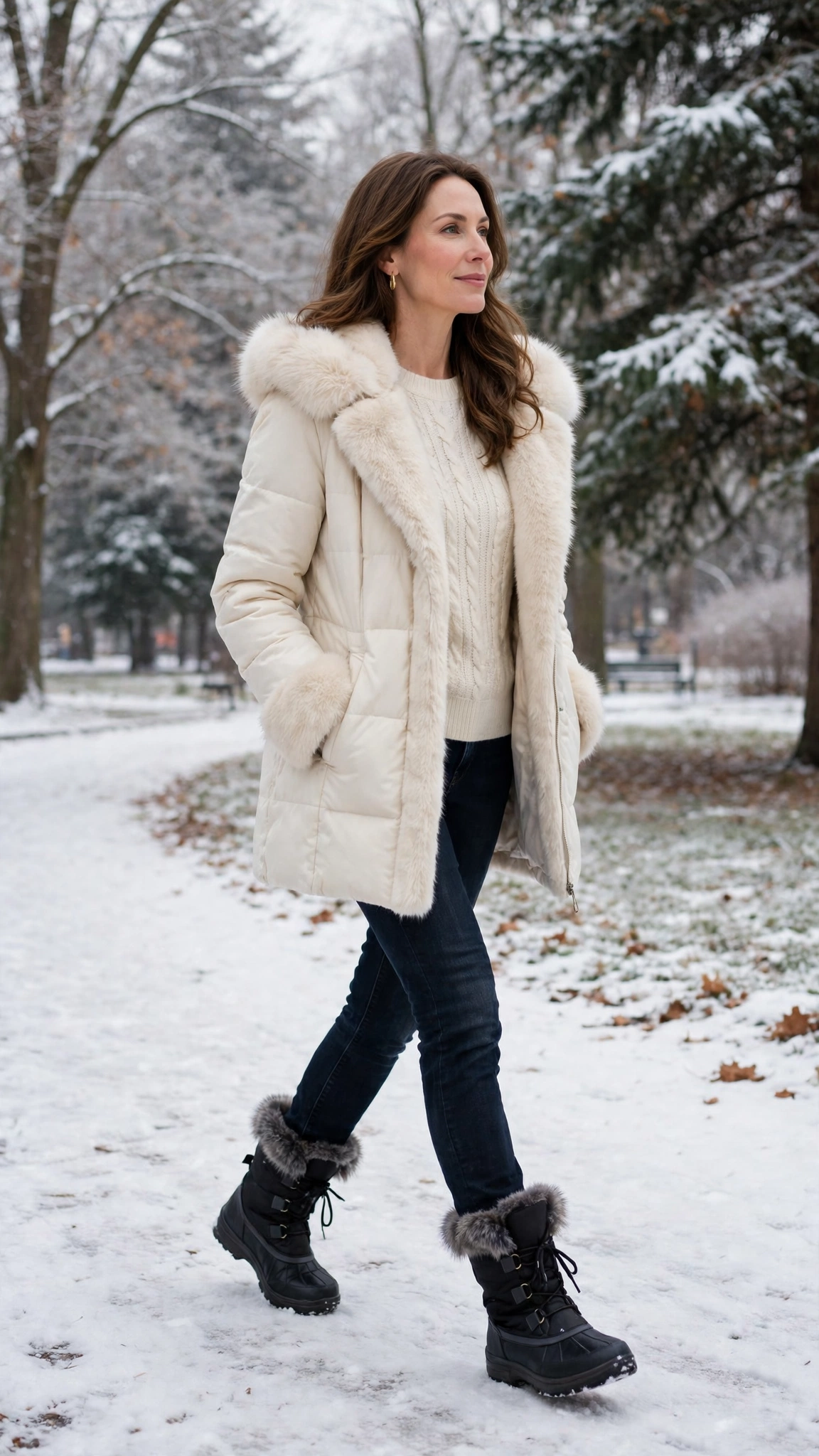 a woman wearing a cream faux fur trimmed coat, a wool sweater, dark jeans, and snow boots, for a winter park walk