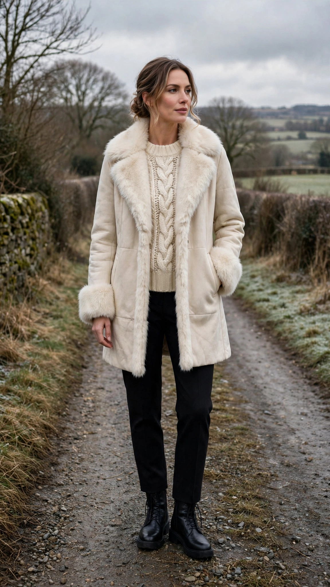 a woman wearing a cream faux fur trimmed coat, a chunky knit, black trousers, and ankle boots, for a cold countryside walk