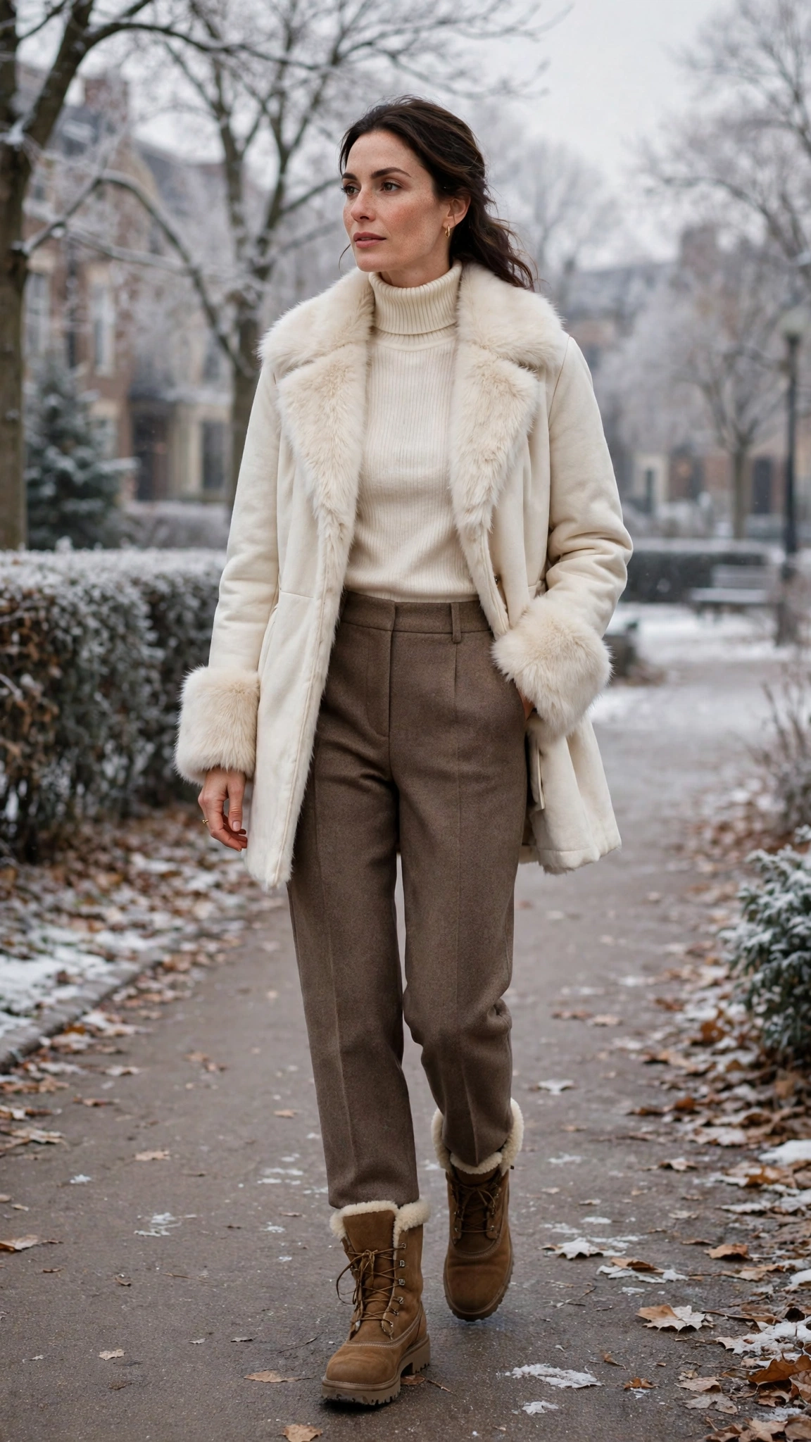 a woman wearing a cream faux fur trimmed coat, a turtleneck, wool trousers, and warm boots, for a brisk winter walk