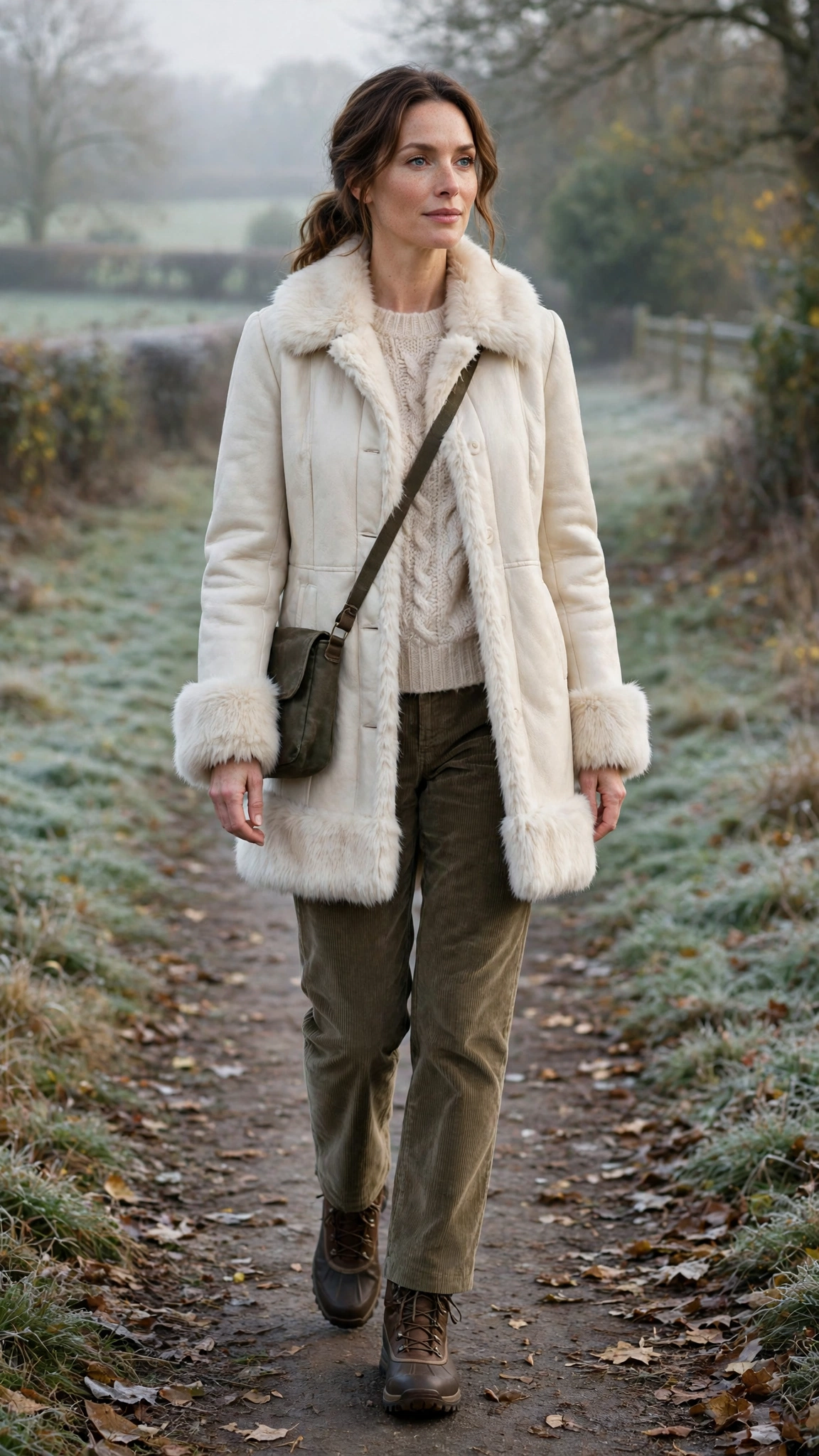 a woman wearing a cream faux fur trimmed coat, a wool sweater, corduroy trousers, and walking boots, for a cold morning walk