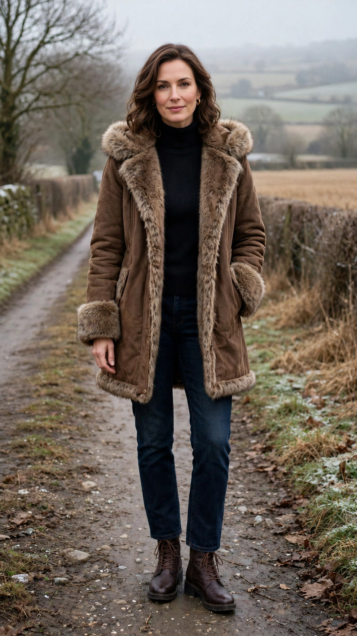 a woman wearing a brown faux fur trimmed coat, a turtleneck, dark jeans, and ankle boots, for a cold countryside walk