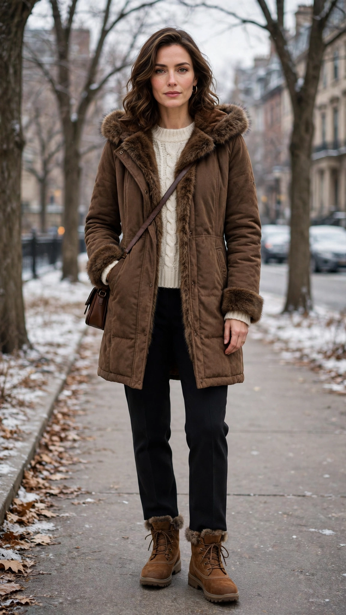 a woman wearing a brown faux fur trimmed coat, a wool sweater, black trousers, and warm boots, for a brisk winter walk