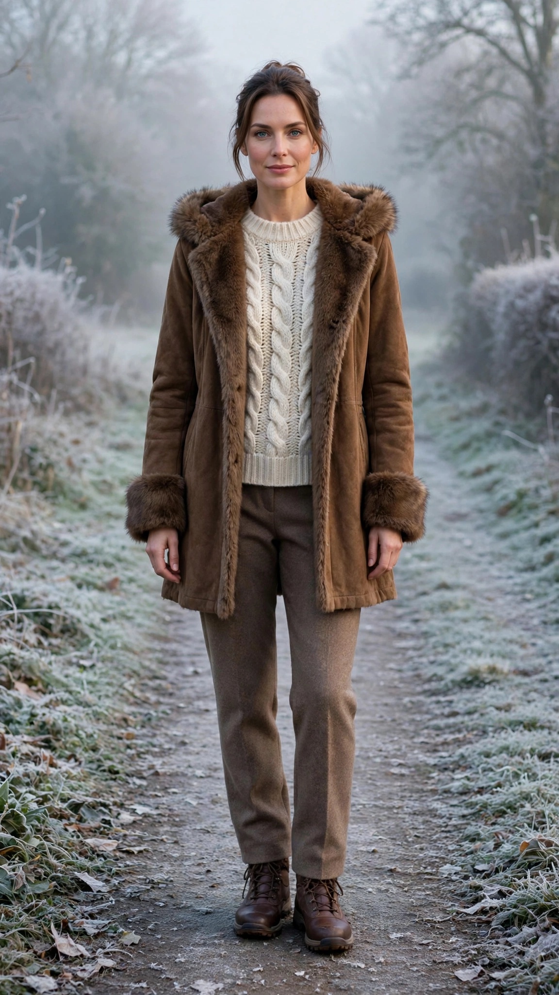 a woman wearing a brown faux fur trimmed coat, a chunky knit, wool trousers, and walking boots, for a cold morning walk