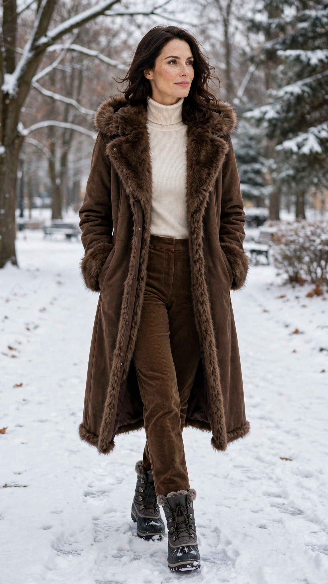 a woman wearing a brown faux fur trimmed coat, a turtleneck, corduroy trousers, and snow boots, for a winter park walk