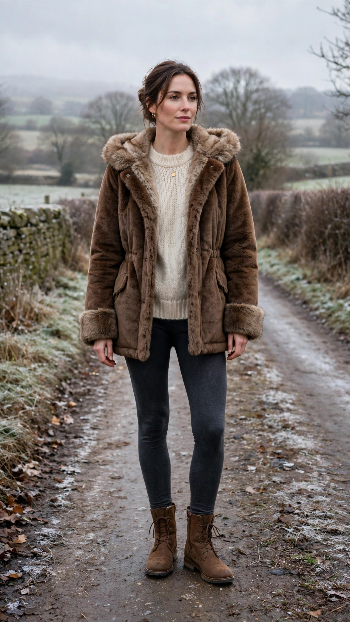 a woman wearing a brown faux fur trimmed coat, a wool sweater, leggings, and ankle boots, for a cold countryside walk