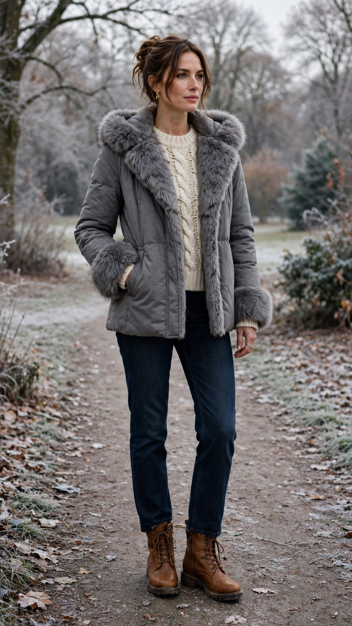 a woman wearing a grey faux fur trimmed coat, a chunky knit, dark jeans, and warm boots, for a brisk winter walk