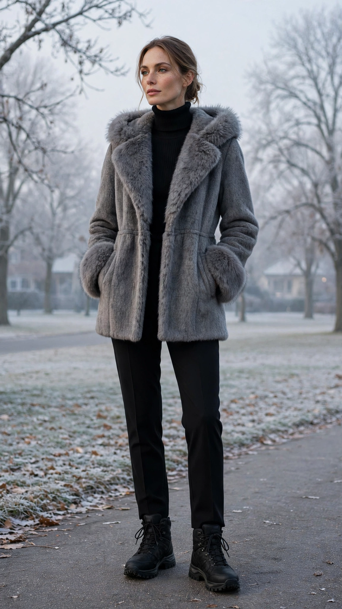 a woman wearing a grey faux fur trimmed coat, a turtleneck, black trousers, and walking boots, for a cold morning walk