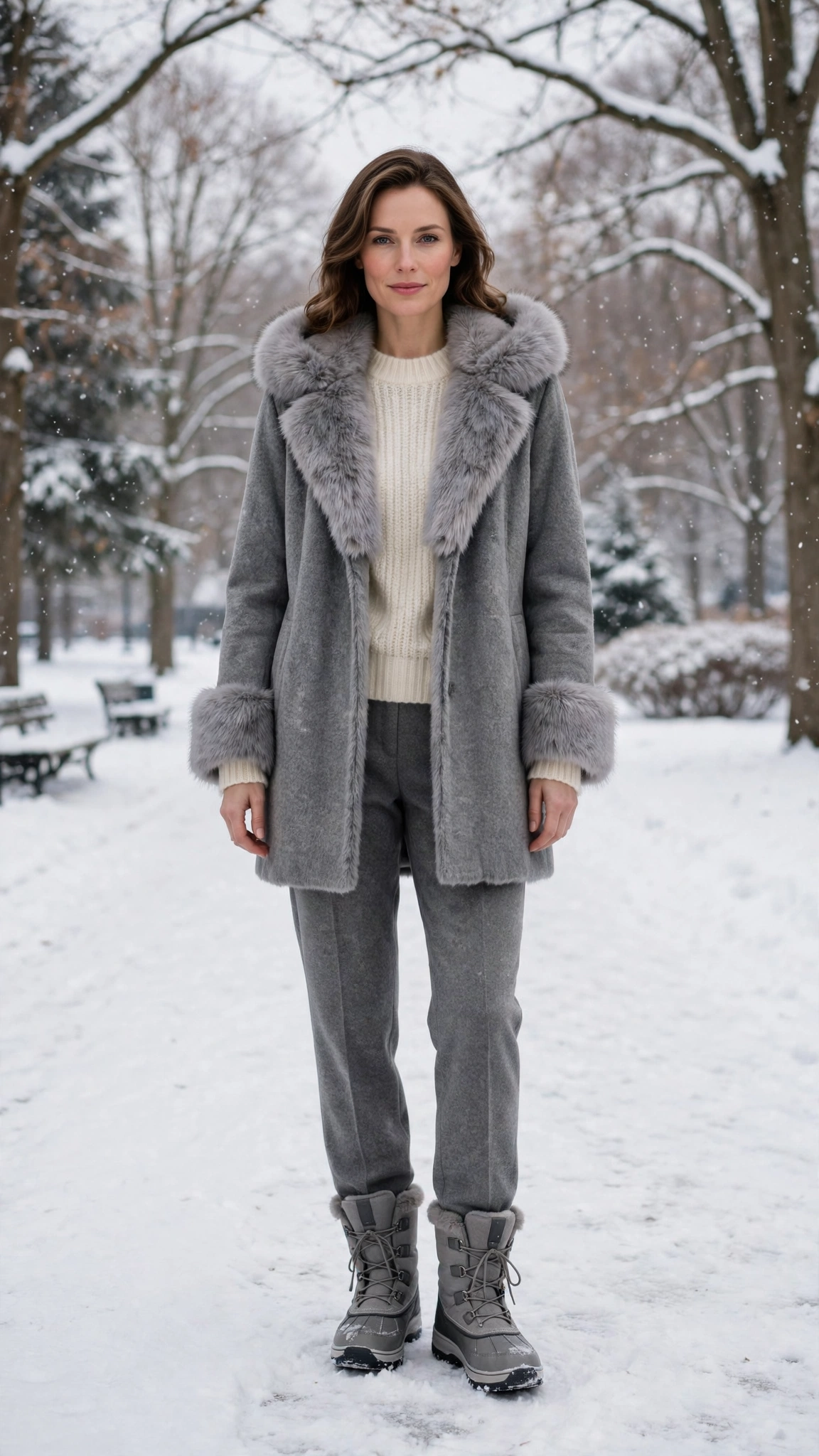 a woman wearing a grey faux fur trimmed coat, a wool sweater, wool trousers, and snow boots, for a winter park walk